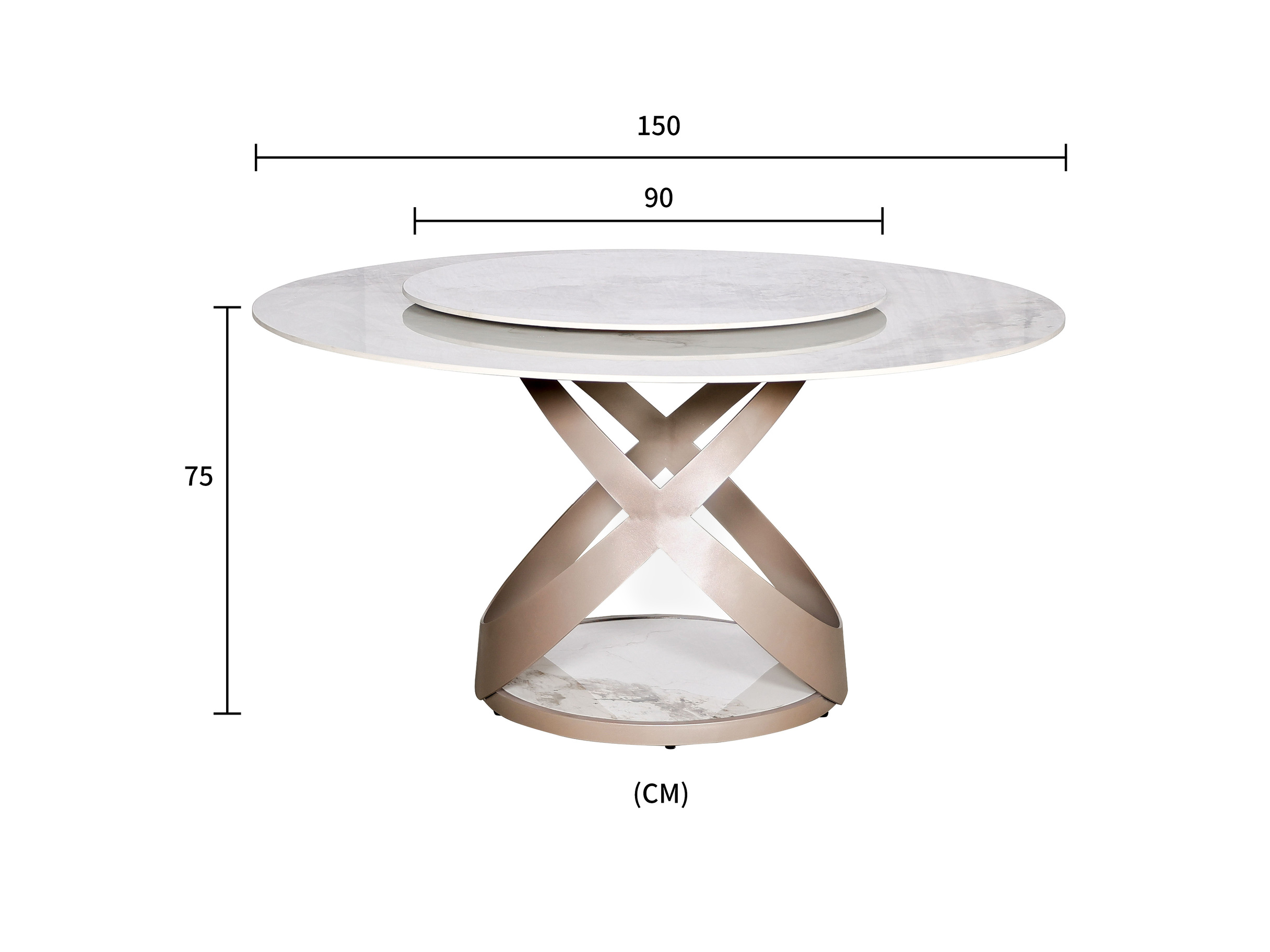 STÓŁ JADALNIANY okrągły, geometryczna podstawa w kolorze różowego złota, biały blat z nadstawką ze spieku kamiennego, designerski styl, wymiary STÓŁ JADALNIANY okrągły, geometryczna podstawa w kolorze różowego złota, biały blat z nadstawką ze spieku kamiennego, designerski styl, wymiary