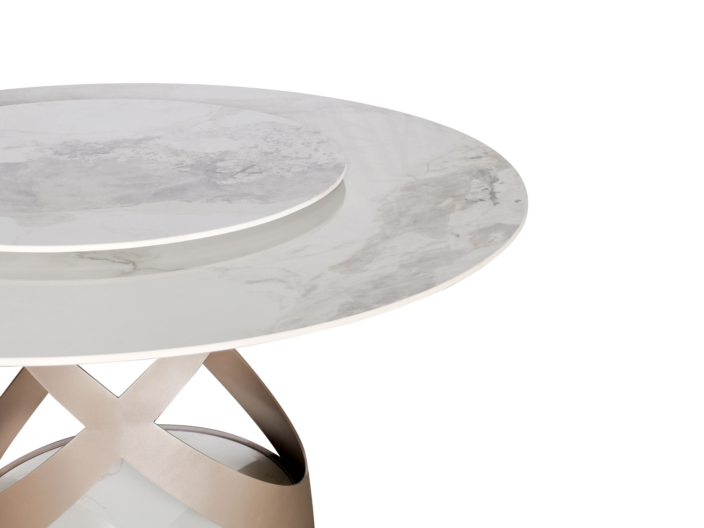 STÓŁ JADALNIANY okrągły, geometryczna podstawa w kolorze różowego złota, biały blat z nadstawką ze spieku kamiennego, designerski styl, wyrafinowany STÓŁ JADALNIANY okrągły, geometryczna podstawa w kolorze różowego złota, biały blat z nadstawką ze spieku kamiennego, designerski styl, wyrafinowany