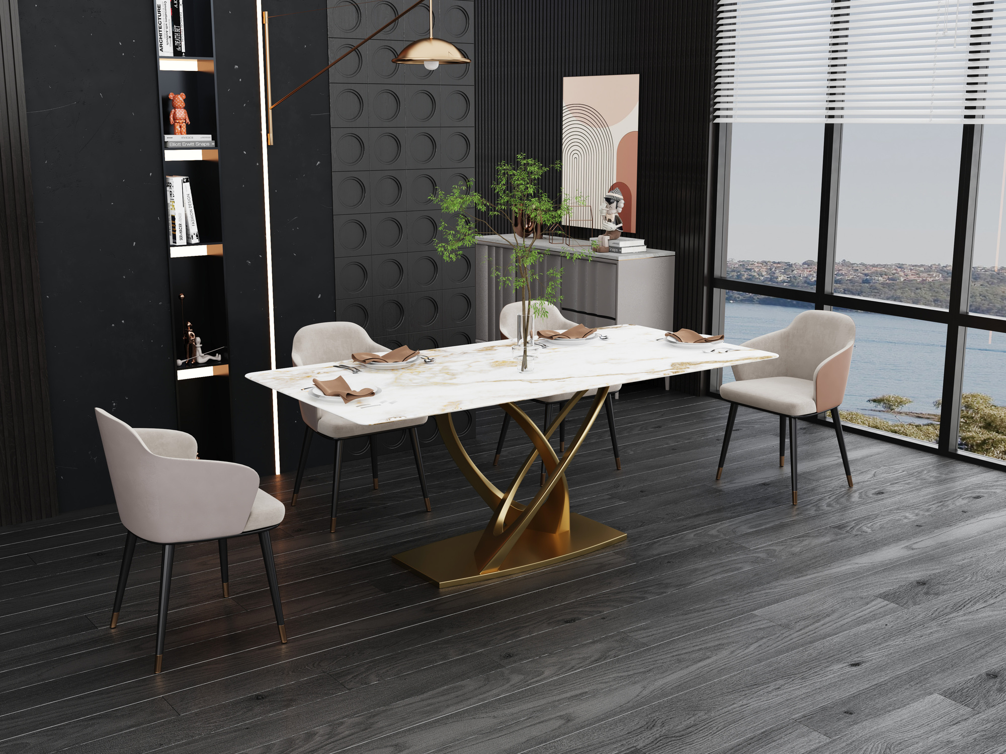 STÓŁ JADALNIANY prostokątny, duży, złota, metalowa geometryczna podstawa, biały blat ze spieku kamiennego, designerski, do jadalni