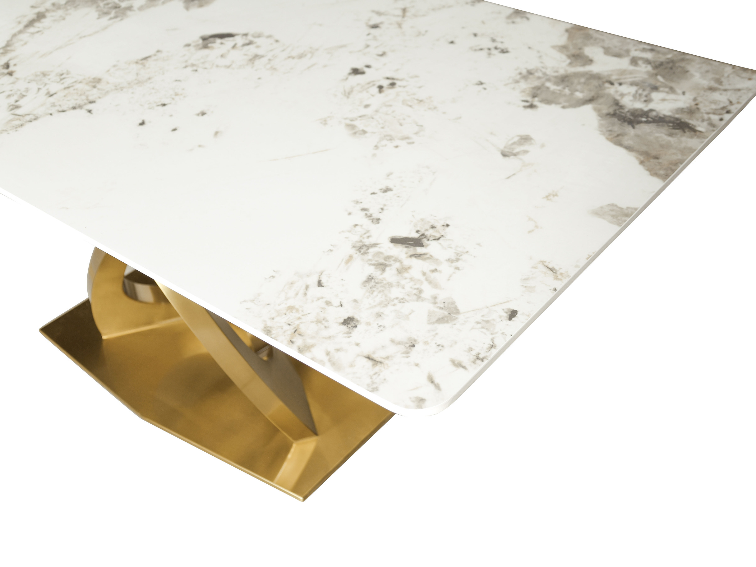 STÓŁ JADALNIANY prostokątny, duży, złota, metalowa geometryczna podstawa, biały blat ze spieku kamiennego, designerski, ekskluzywny