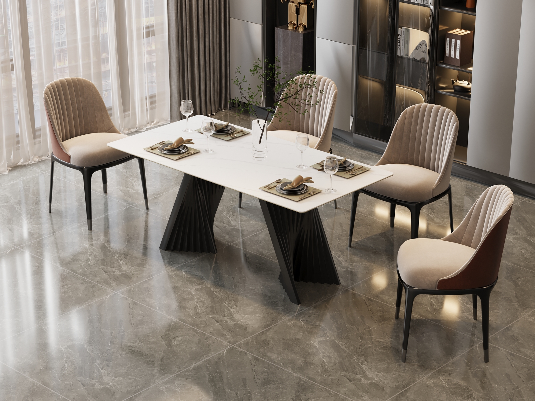 STÓŁ JADALNIANY prostokątny, grafitowa podstawa przypominająca wachlarz, biały blat ze spieku, nowoczesny styl, do jadalni