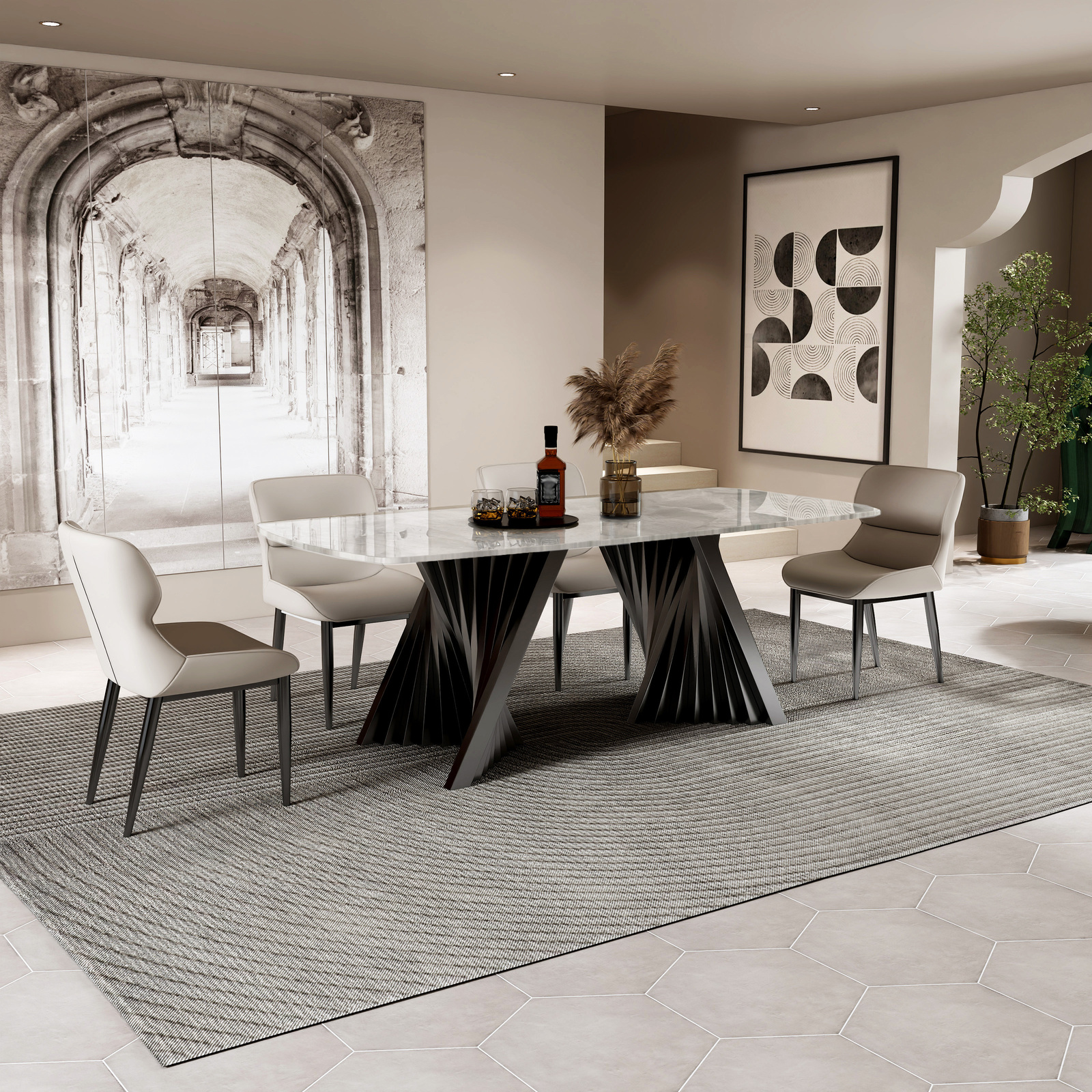 STÓŁ JADALNIANY prostokątny, grafitowa podstawa przypominająca wachlarz, biały blat ze spieku, nowoczesny styl, elegancki