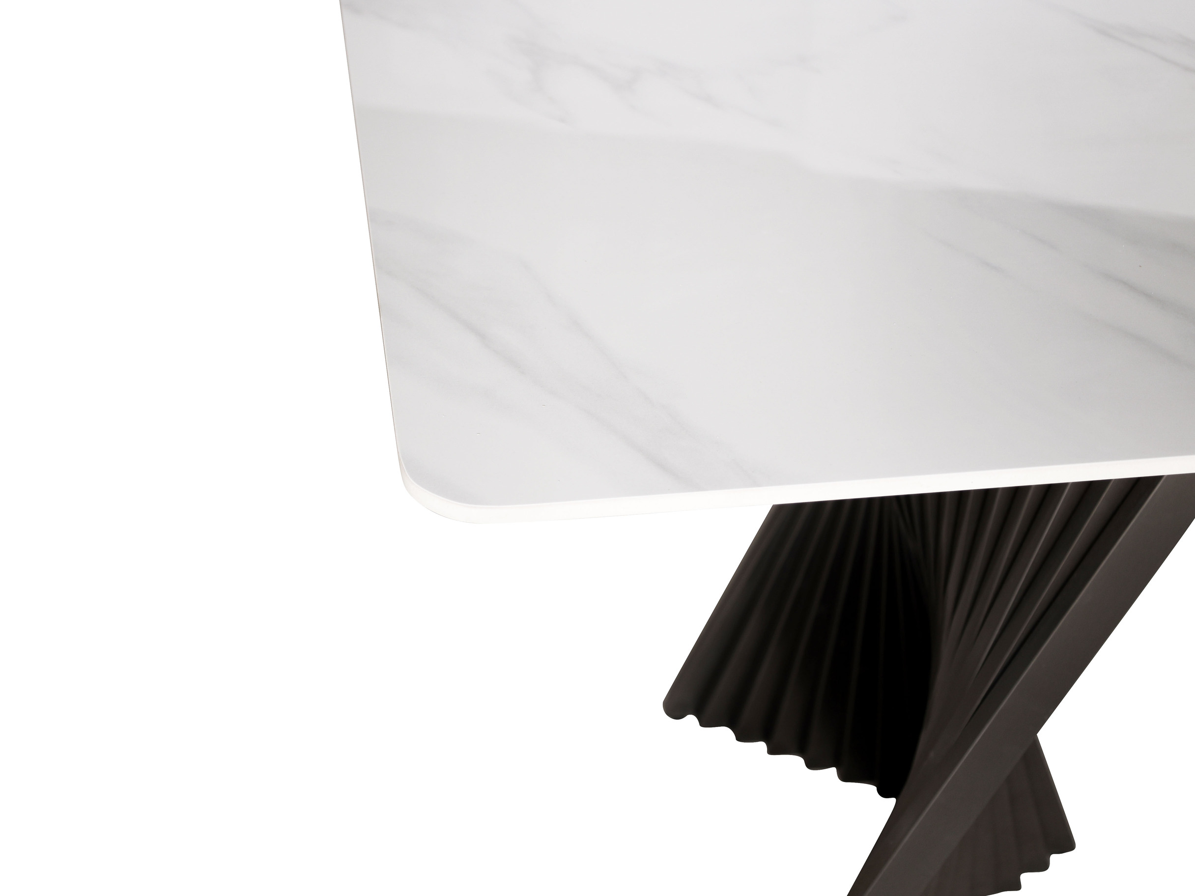 STÓŁ JADALNIANY prostokątny, grafitowa podstawa przypominająca wachlarz, biały blat ze spieku, nowoczesny styl, premium
