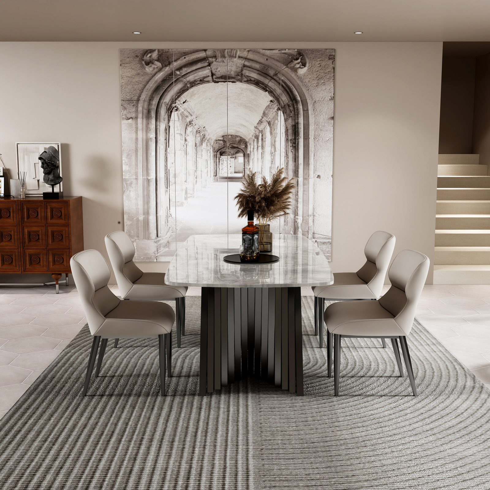 STÓŁ JADALNIANY prostokątny, grafitowa podstawa przypominająca wachlarz, biały blat ze spieku, nowoczesny styl, stylowy