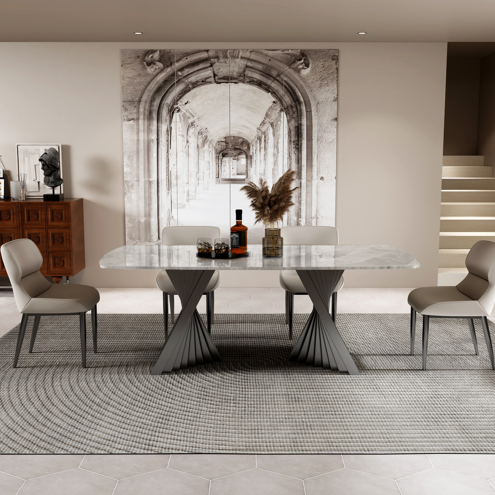 STÓŁ JADALNIANY prostokątny, grafitowa podstawa przypominająca wachlarz, biały blat ze spieku, nowoczesny styl, wyrafinowany