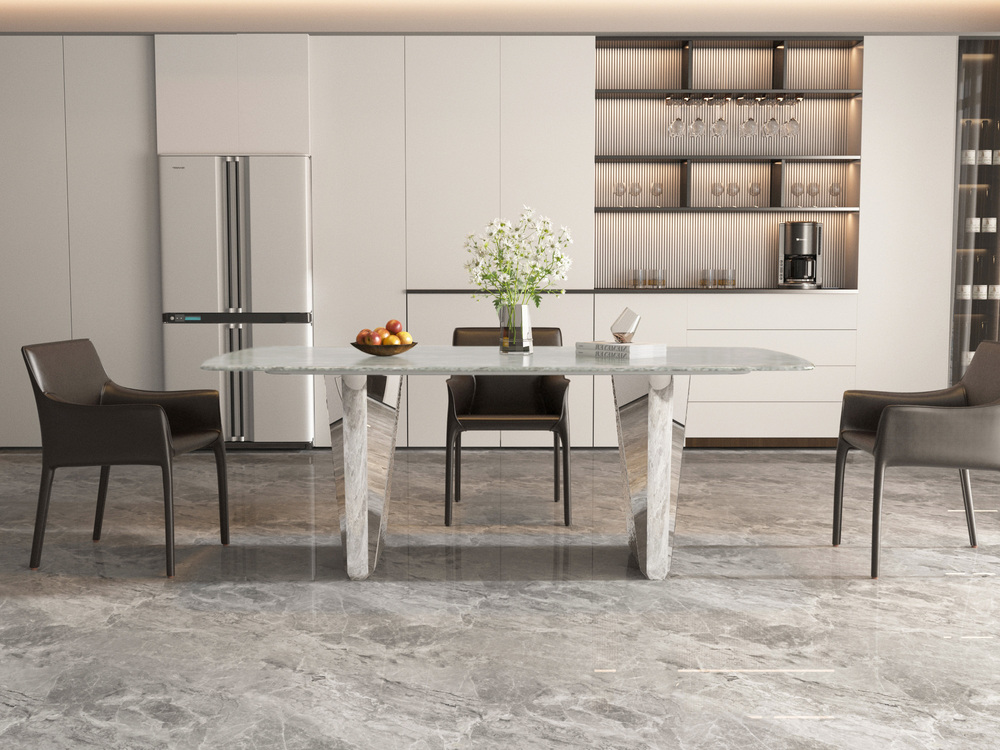 STÓŁ JADALNIANY z prostokątnym blatem ze spieku kamiennego, srebrne, metalowe nogi, elegancki styl, nowoczesny