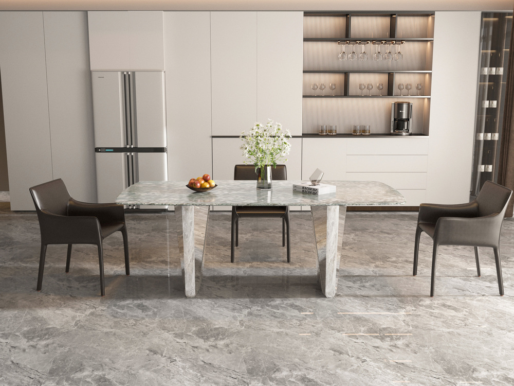 STÓŁ JADALNIANY z prostokątnym blatem ze spieku kamiennego, srebrne, metalowe nogi, elegancki styl, premium