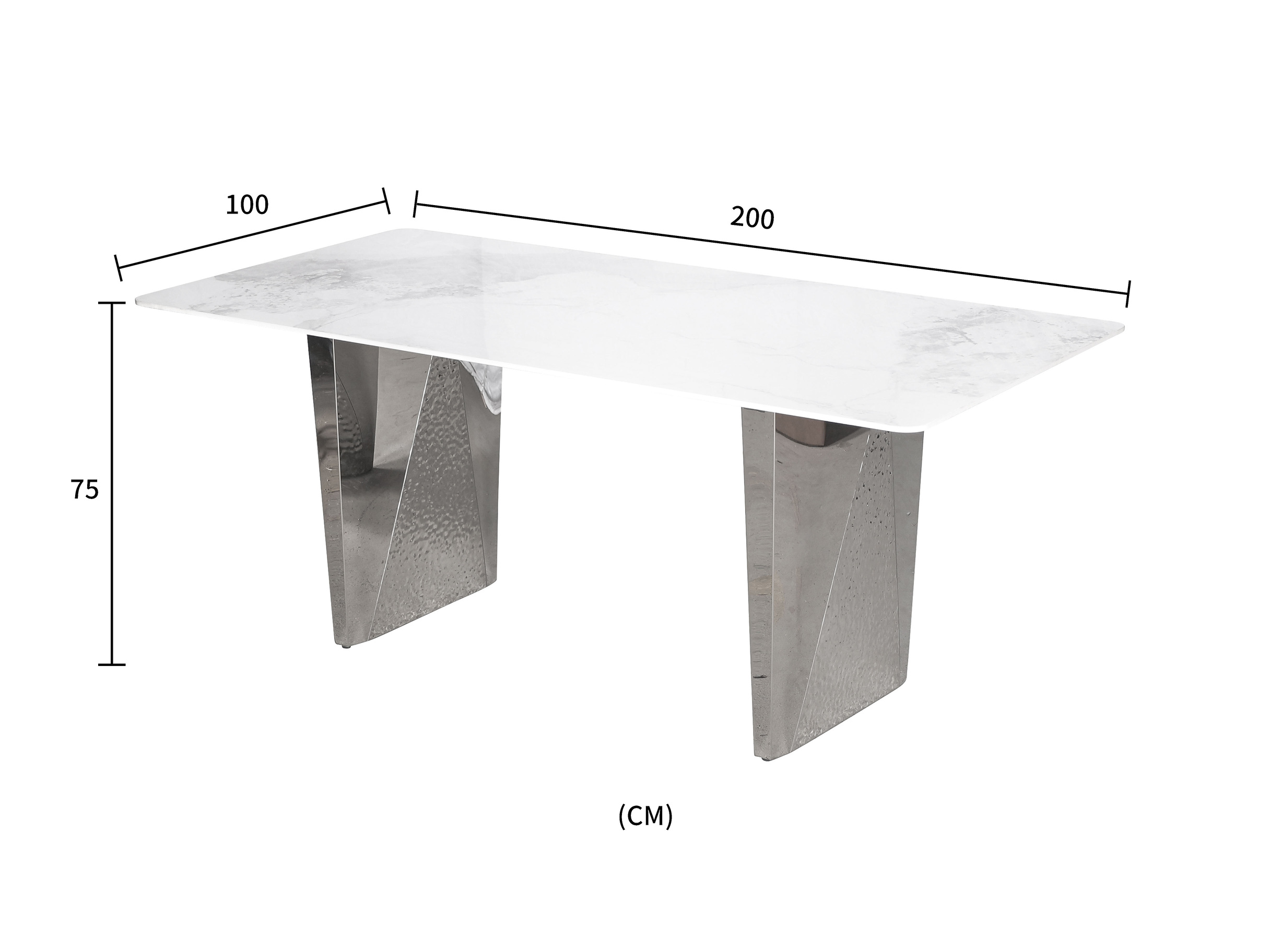 STÓŁ JADALNIANY z prostokątnym blatem ze spieku kamiennego, srebrne, metalowe nogi, elegancki styl, wymiary