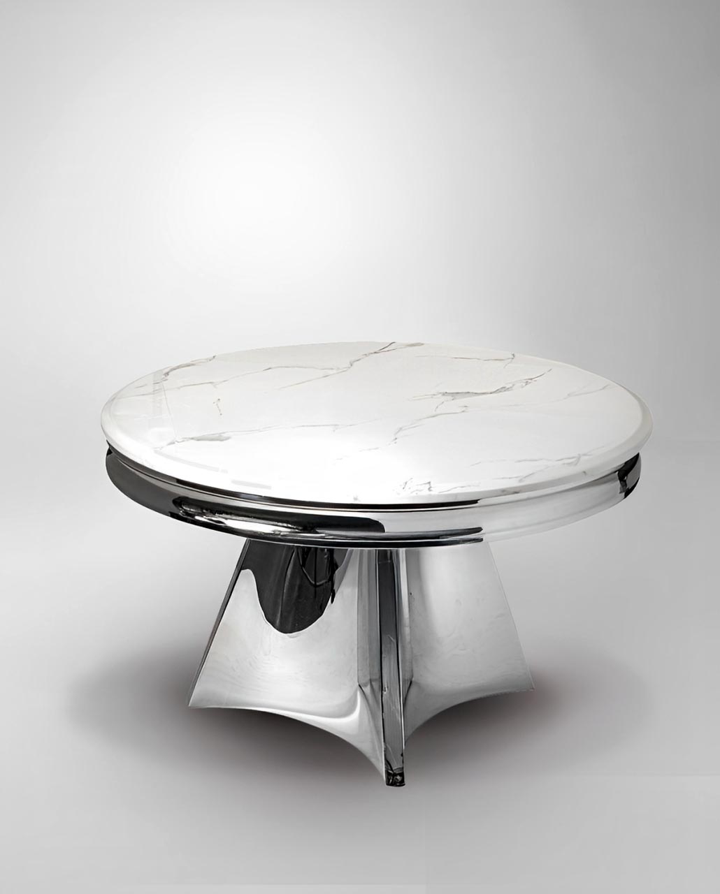 STOLIK KAWOWY na srebrnej, metalowej podstawie, biały blat, nowoczesny styl