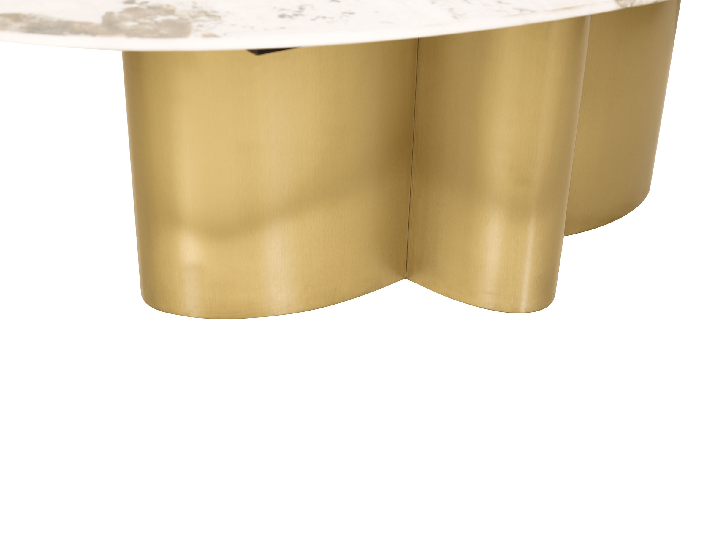 STOLIK KAWOWY o geometrycznej, złotej bryle, owalny biały blat ze spieku kamiennego, designerski, nowoczesny STOLIK KAWOWY o geometrycznej, złotej bryle, owalny biały blat ze spieku kamiennego, designerski, nowoczesny