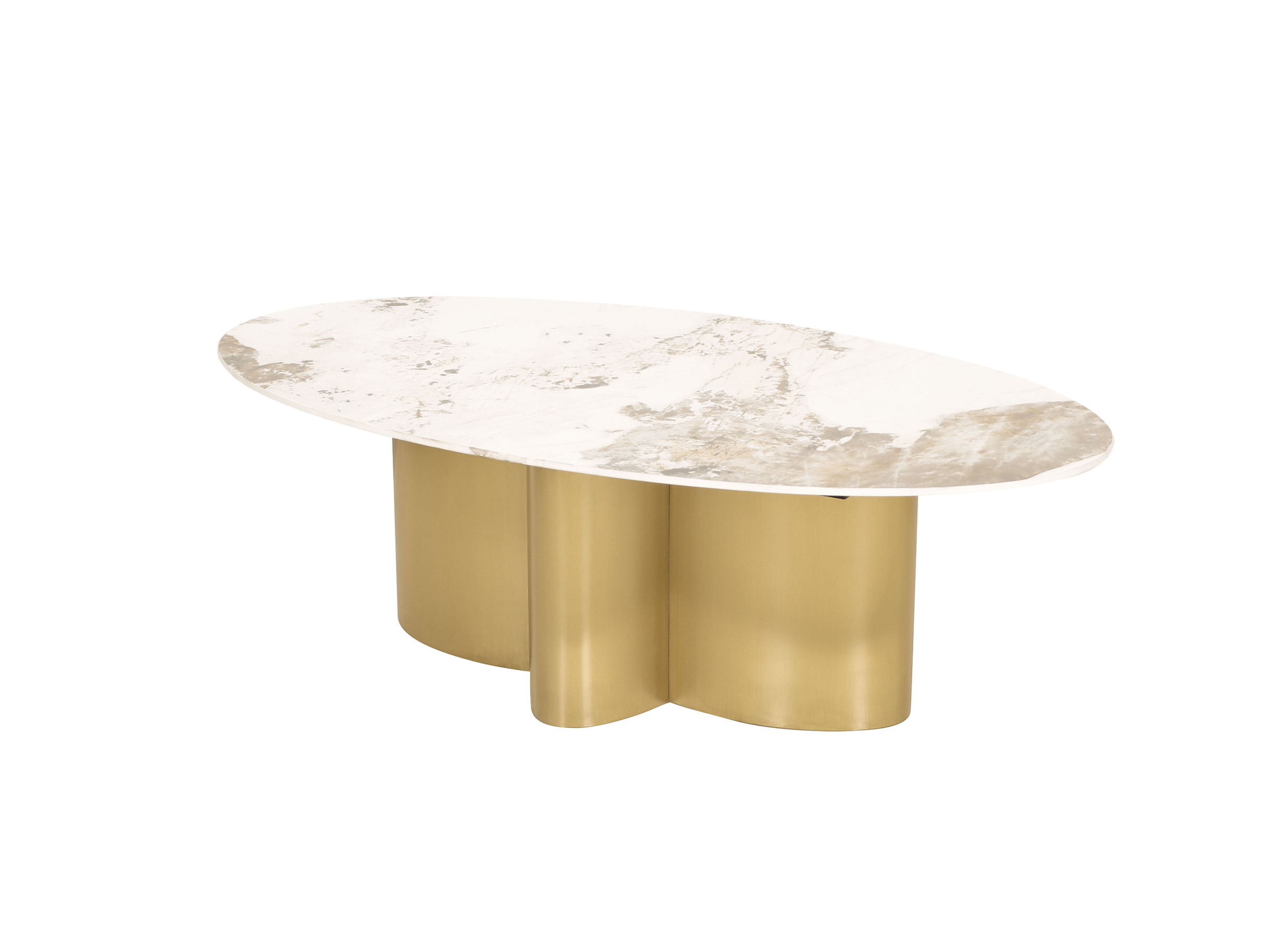 STOLIK KAWOWY o geometrycznej, złotej bryle, owalny biały blat ze spieku kamiennego, designerski, wyjątkowy STOLIK KAWOWY o geometrycznej, złotej bryle, owalny biały blat ze spieku kamiennego, designerski, wyjątkowy