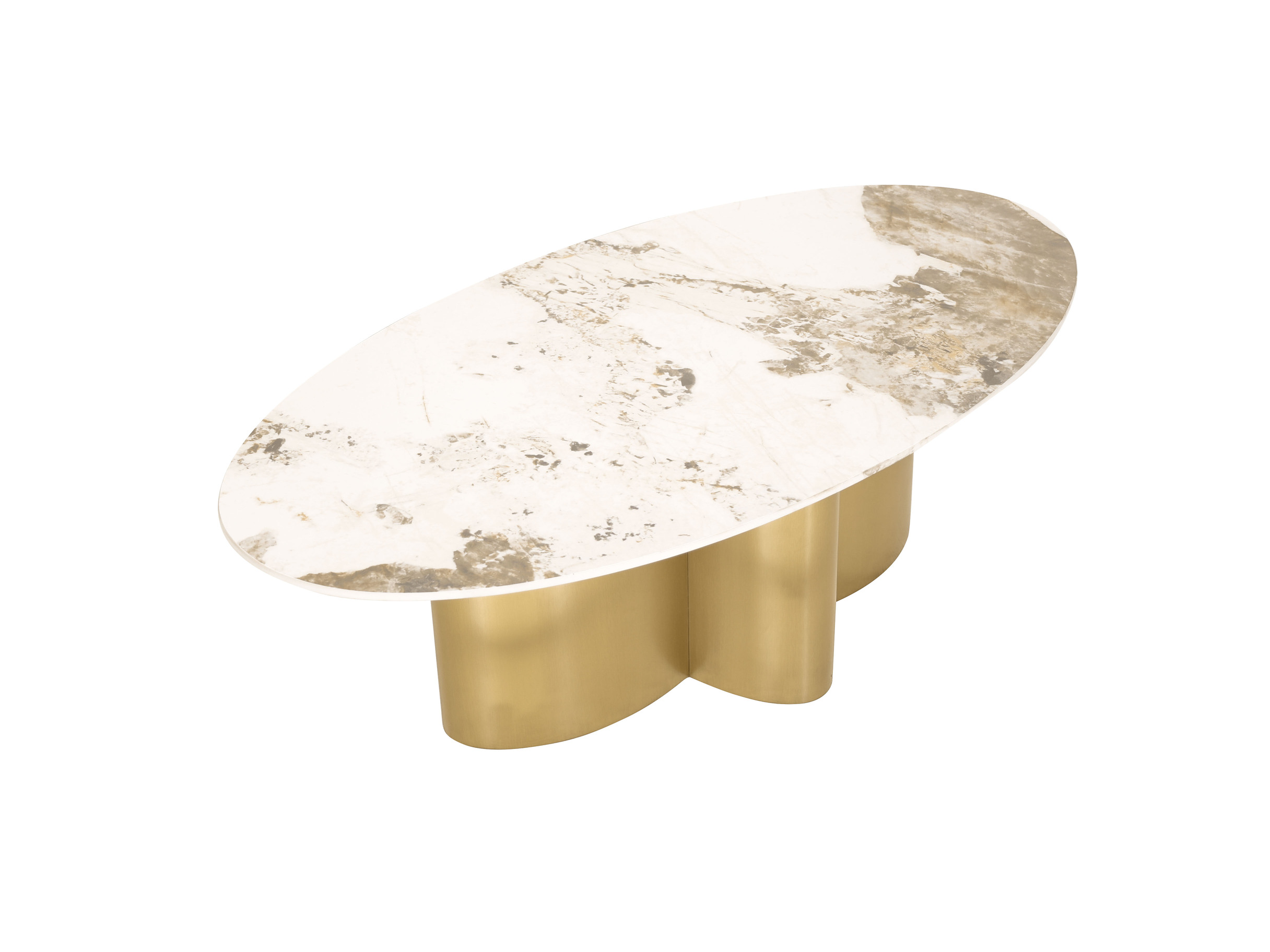 STOLIK KAWOWY o geometrycznej, złotej bryle, owalny biały blat ze spieku kamiennego, designerski, wyrafinowany STOLIK KAWOWY o geometrycznej, złotej bryle, owalny biały blat ze spieku kamiennego, designerski, wyrafinowany