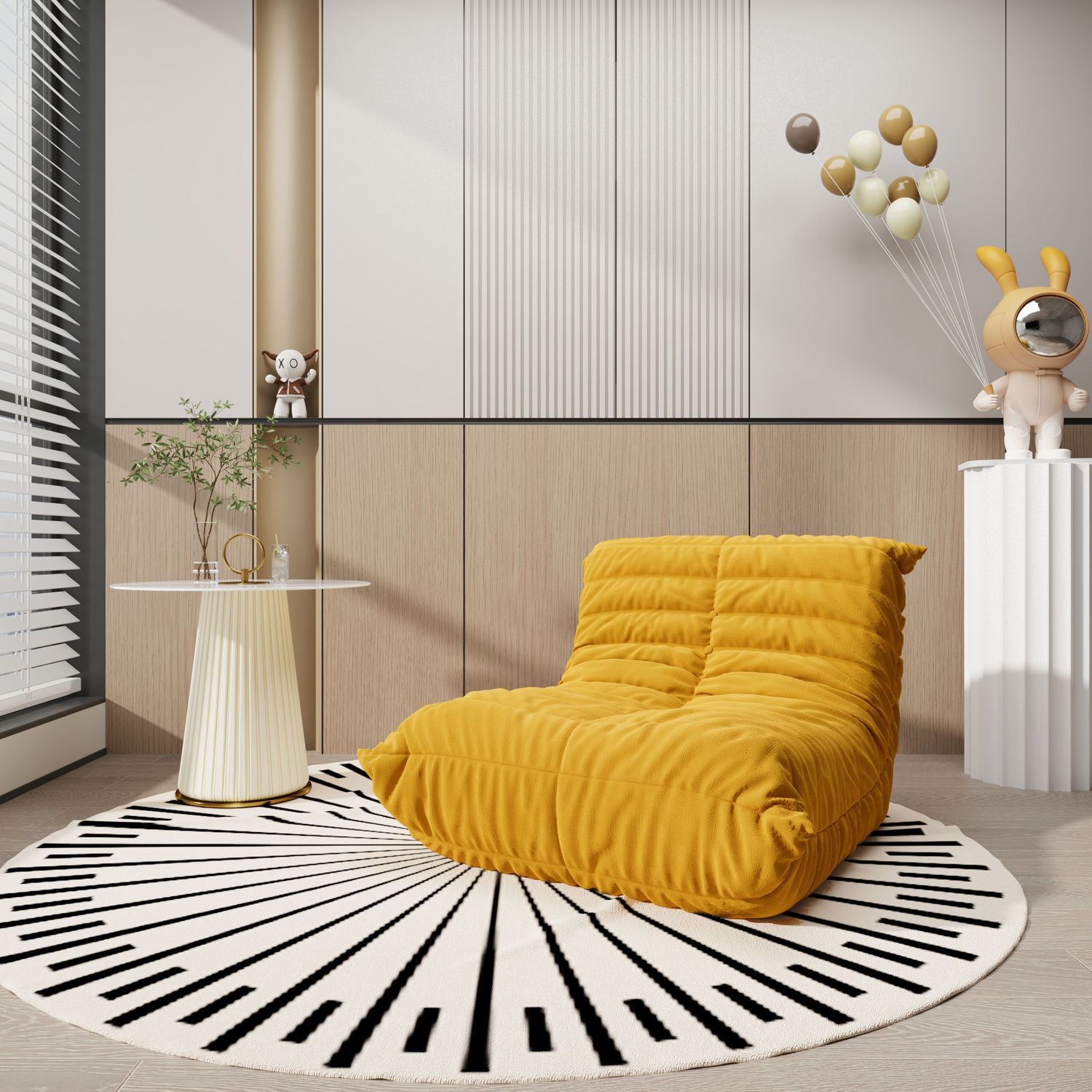 STOLIK KAWOWY o stożkowej podstawie z ekoskóry w pionowe plisy, biały blat ze spieku kamiennego, złote metalowe akcenty, do salonu