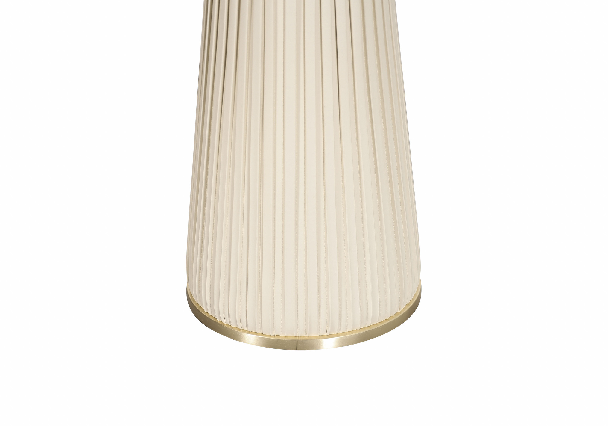 STOLIK KAWOWY o stożkowej podstawie z ekoskóry w pionowe plisy, biały blat ze spieku kamiennego, złote metalowe akcenty, wyjątkowy