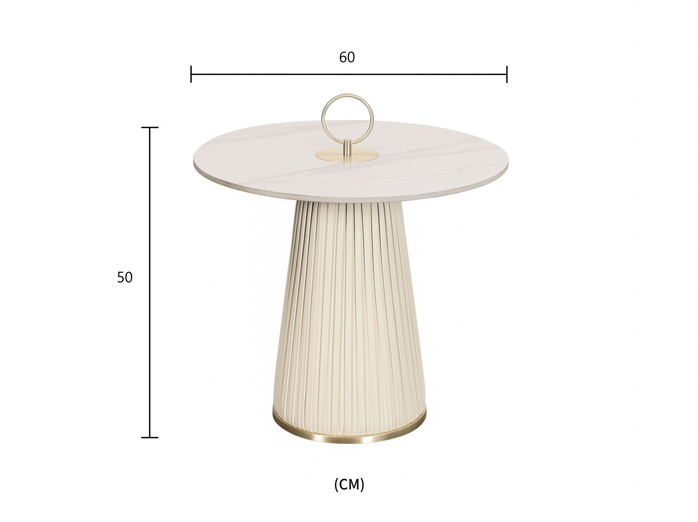 STOLIK KAWOWY o stożkowej podstawie z ekoskóry w pionowe plisy, biały blat ze spieku kamiennego, złote metalowe akcenty, wymiary