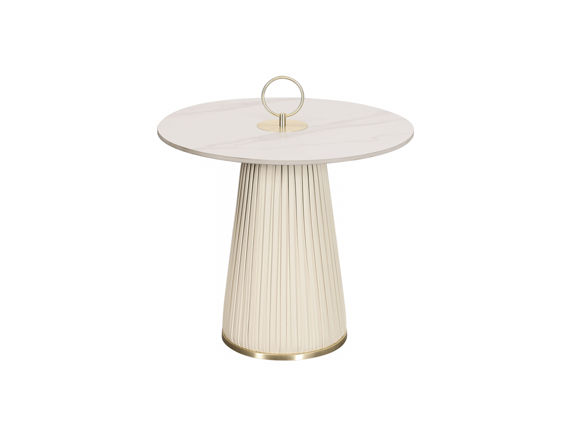 STOLIK KAWOWY o stożkowej podstawie z ekoskóry w pionowe plisy, biały blat ze spieku kamiennego, złote metalowe akcenty