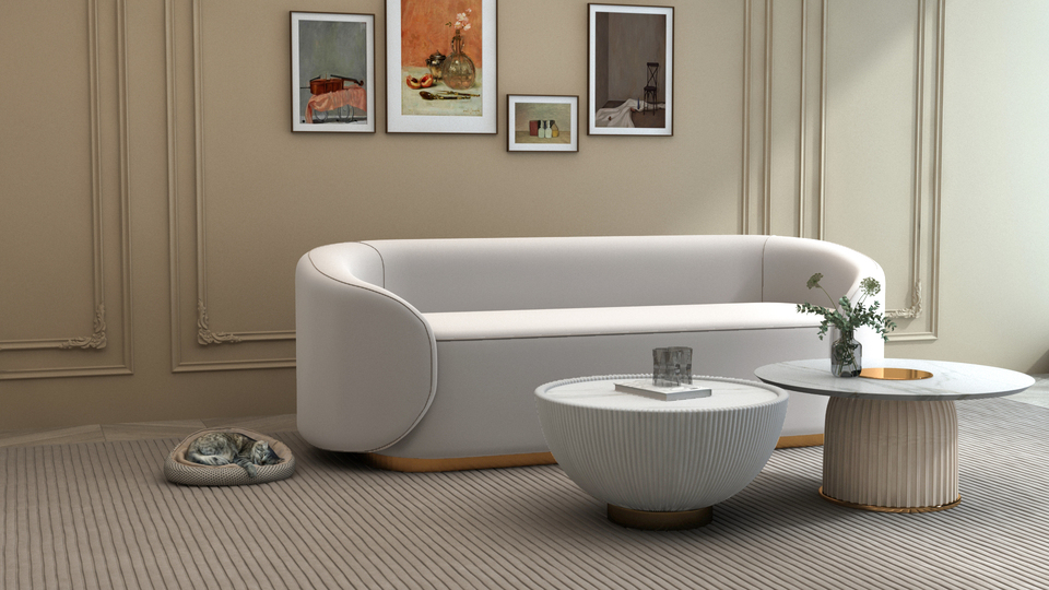 STOLIK KAWOWY o zaokrąglonej ku blatowi nodze z kremowej eko skóry w pionowe plisy, biały blat ze spieku kamiennego, designerski