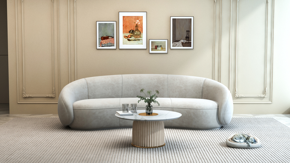 STOLIK KAWOWY o zaokrąglonej ku blatowi nodze z kremowej eko skóry w pionowe plisy, biały blat ze spieku kamiennego, do eleganckich wnętrz