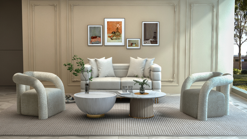 STOLIK KAWOWY o zaokrąglonej ku blatowi nodze z kremowej eko skóry w pionowe plisy, biały blat ze spieku kamiennego, najwyższa jakość