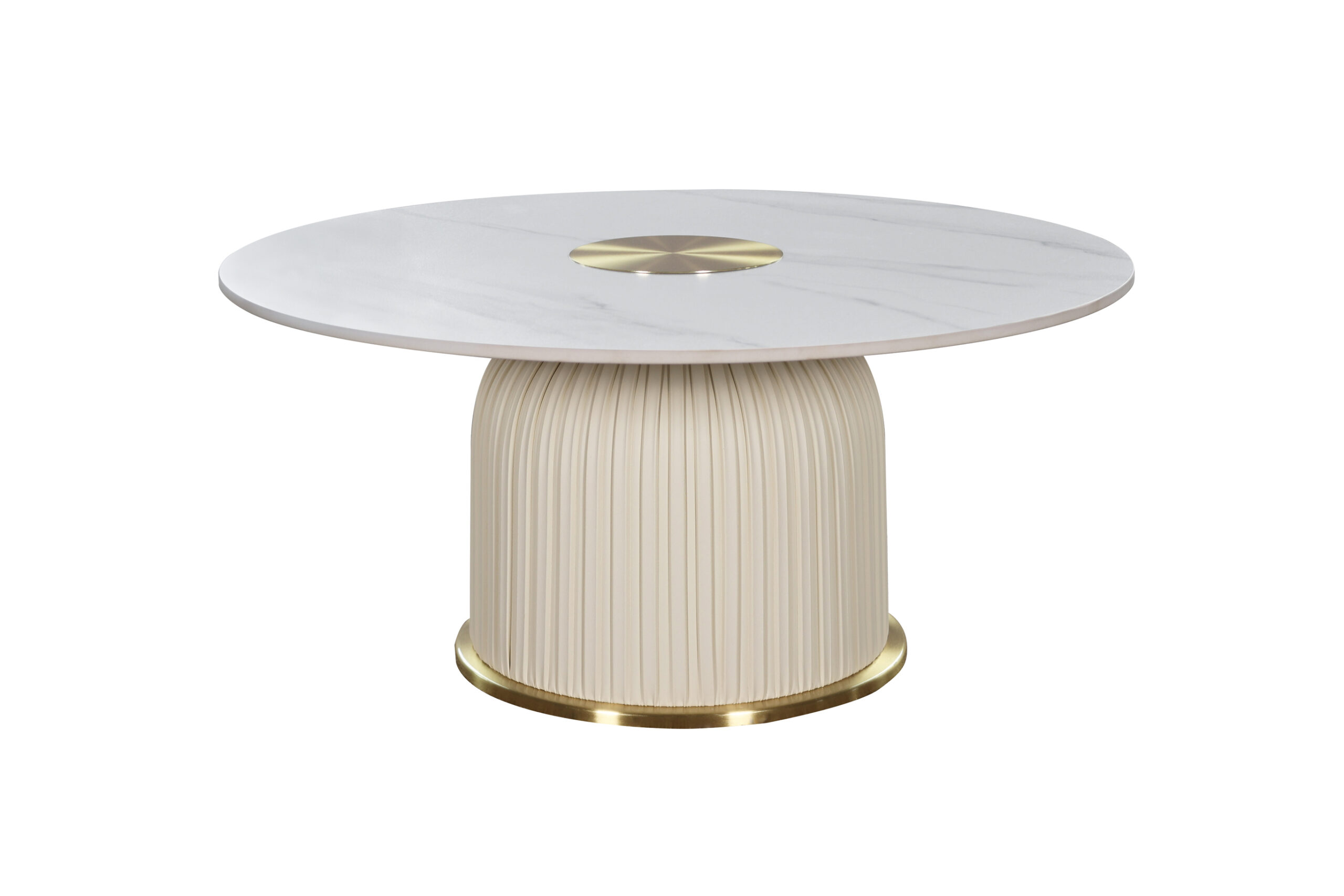 STOLIK KAWOWY o zaokrąglonej ku blatowi nodze z kremowej eko skóry w pionowe plisy, biały blat ze spieku kamiennego