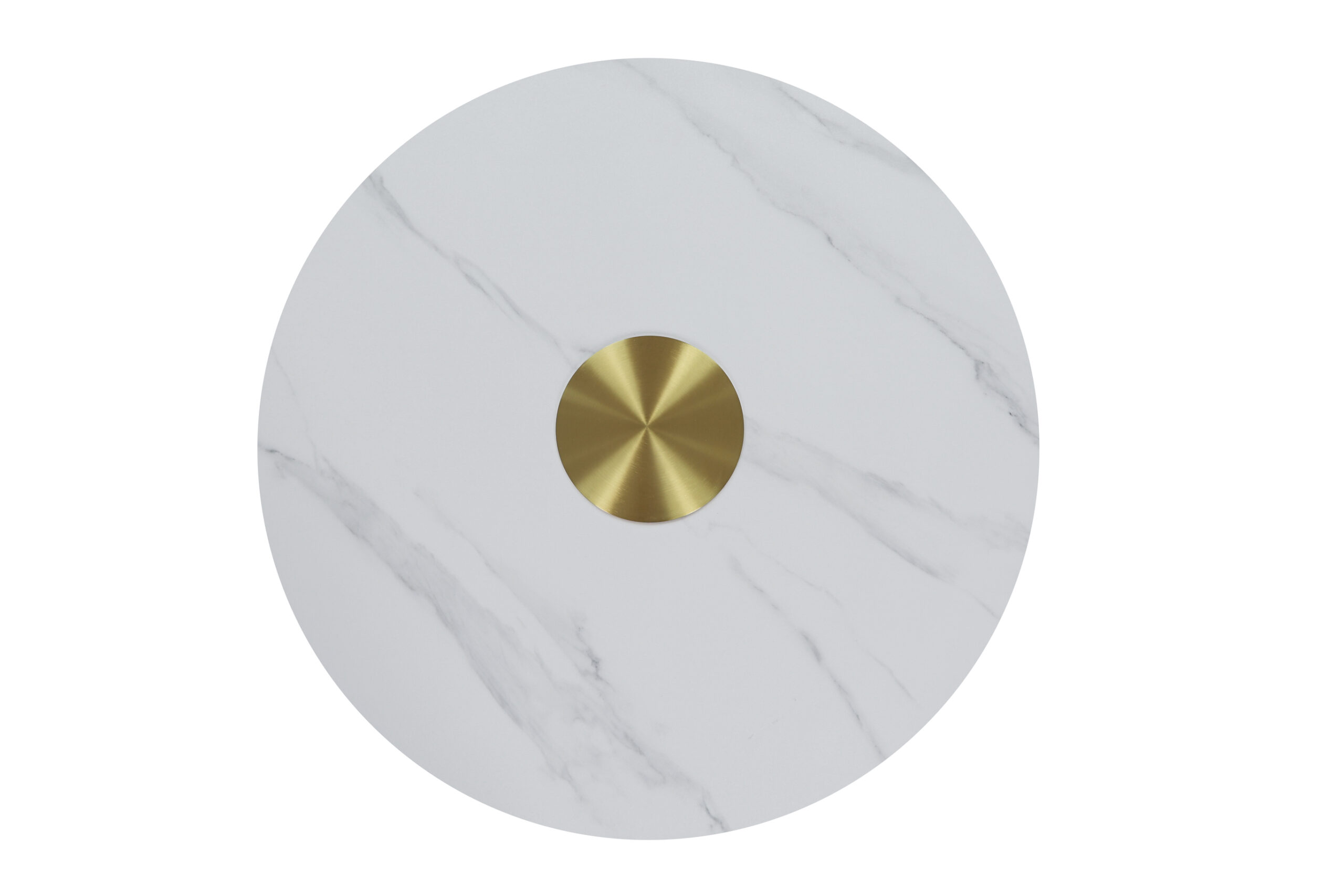 STOLIK KAWOWY o zaokrąglonej ku blatowi nodze z kremowej eko skóry w pionowe plisy, biały blat ze spieku kamiennego, wyjątkowy