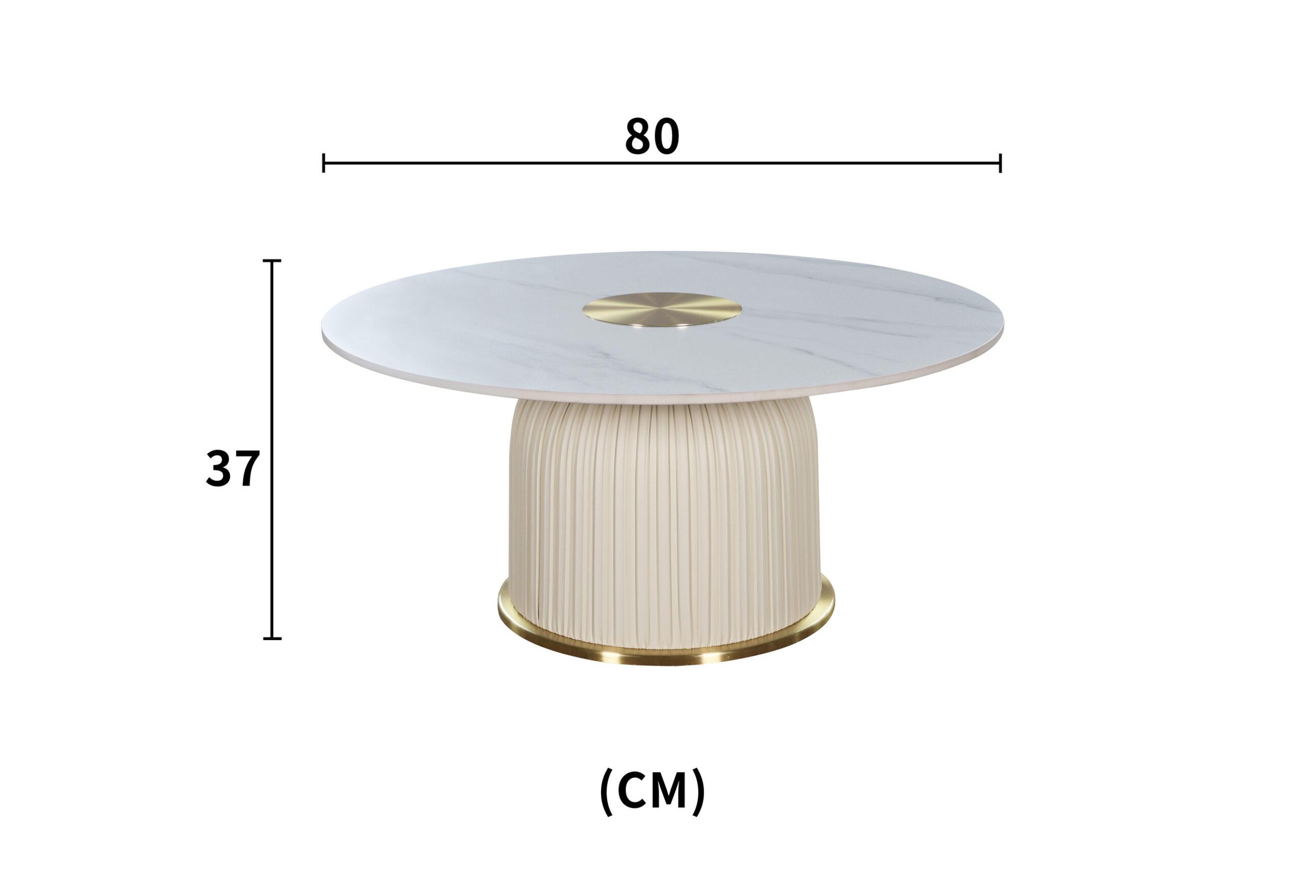 STOLIK KAWOWY o zaokrąglonej ku blatowi nodze z kremowej eko skóry w pionowe plisy, biały blat ze spieku kamiennego, wymiary