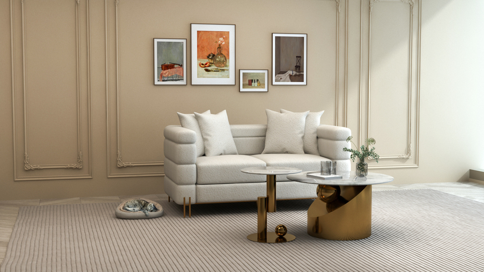 STOLIK POMOCNICZY Balance na złotej geometrycznej podstawie, biały blat ze spieku kamiennego, nowoczesny styl, designerski