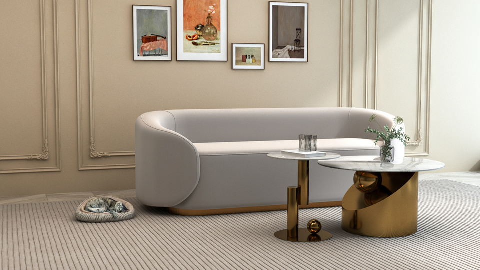 STOLIK POMOCNICZY Balance na złotej geometrycznej podstawie, biały blat ze spieku kamiennego, nowoczesny styl, ekskluzywny