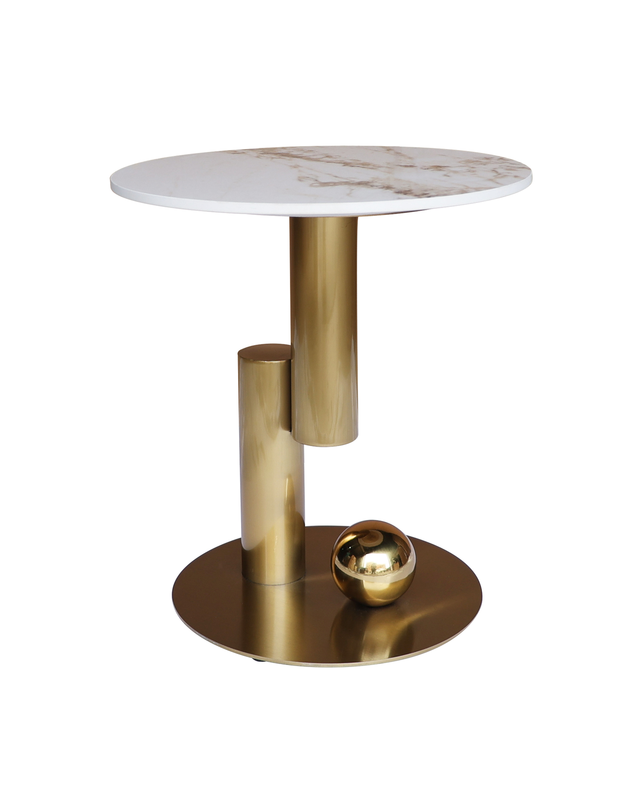 STOLIK POMOCNICZY Balance na złotej geometrycznej podstawie, biały blat ze spieku kamiennego, nowoczesny styl, piękny