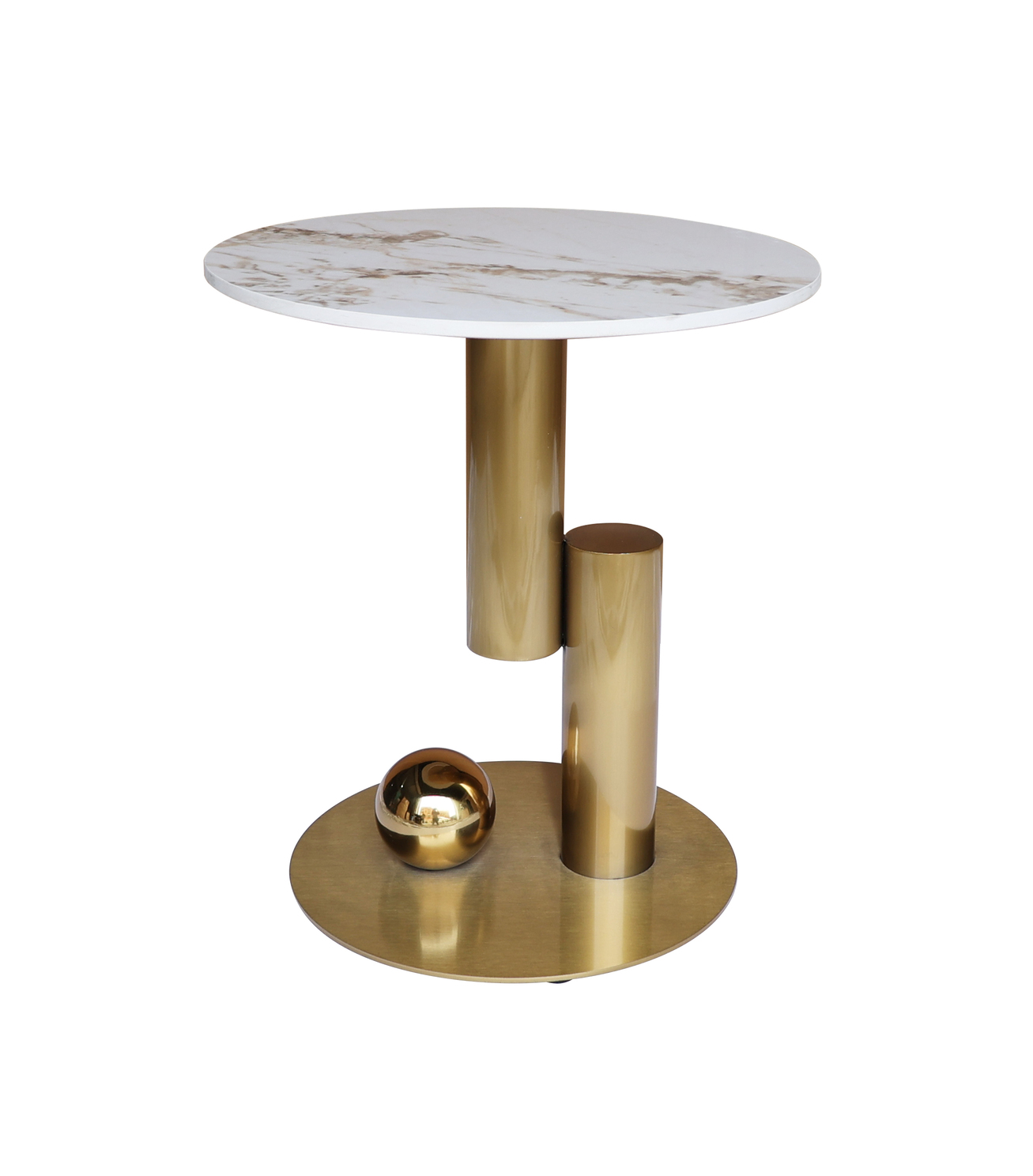 STOLIK POMOCNICZY Balance na złotej geometrycznej podstawie, biały blat ze spieku kamiennego, nowoczesny styl