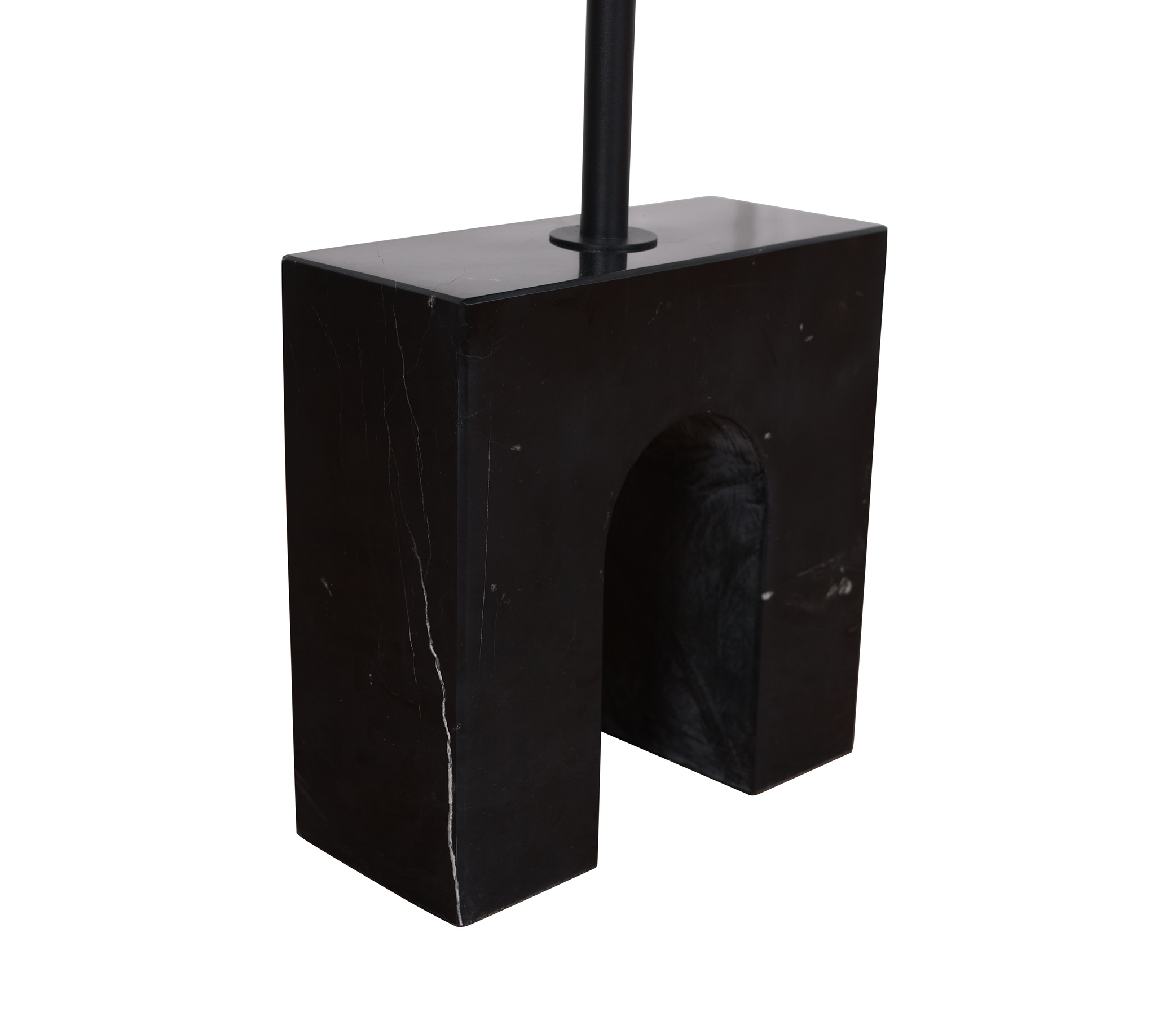 STOLIK POMOCNICZY czarny, podstawa imitująca marmur w formie łuku, metalowy blat na filarze, designerski styl, nowoczesny