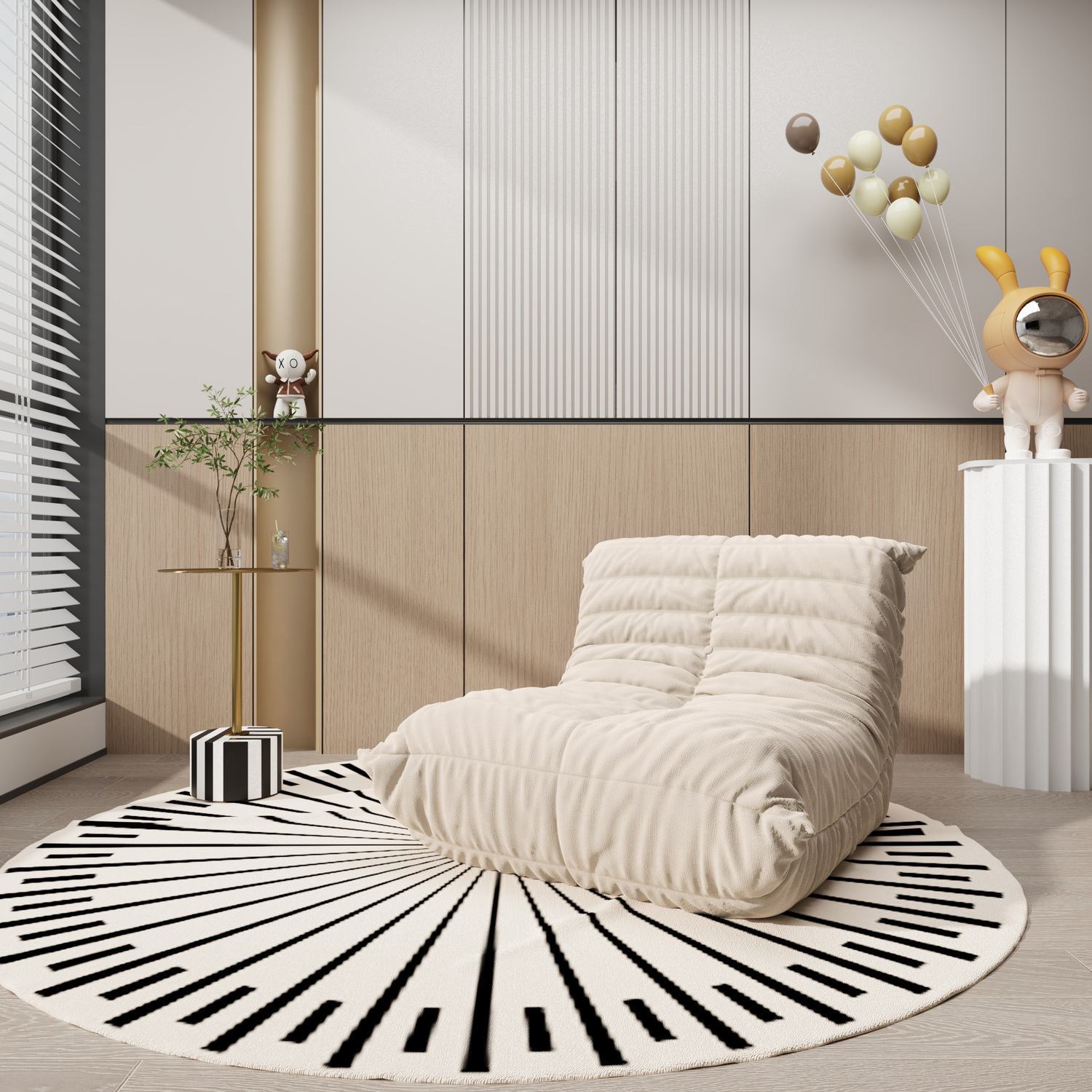 STOLIK POMOCNICZY z marmurową, czarno-białą podstawą w kształcie walca, złoty metalowy blat na metalowym filarze, do salonu