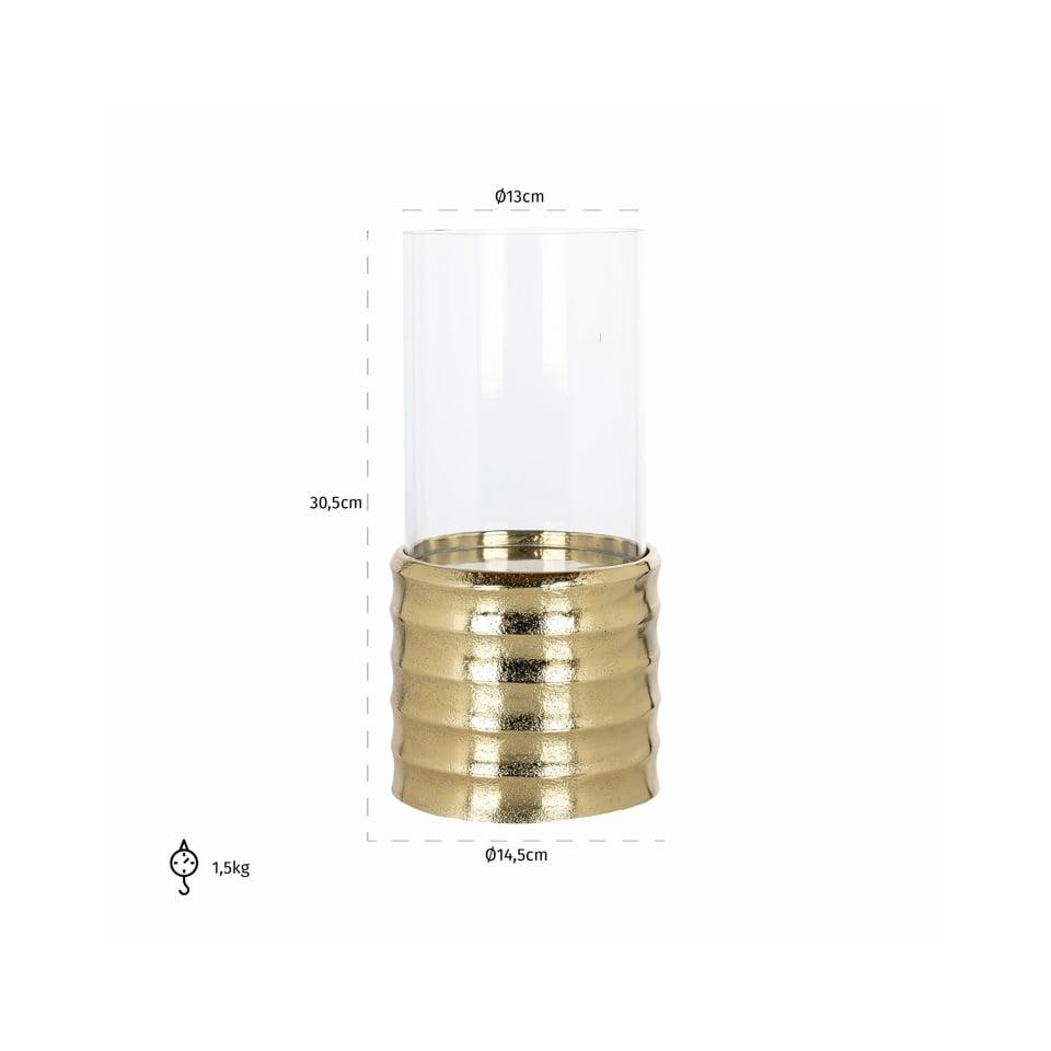 ŚWIECZNIK Bodil na falistej, złotej podstawie z aluminium, szklany transparentny klosz, styl glamour S, wymiary