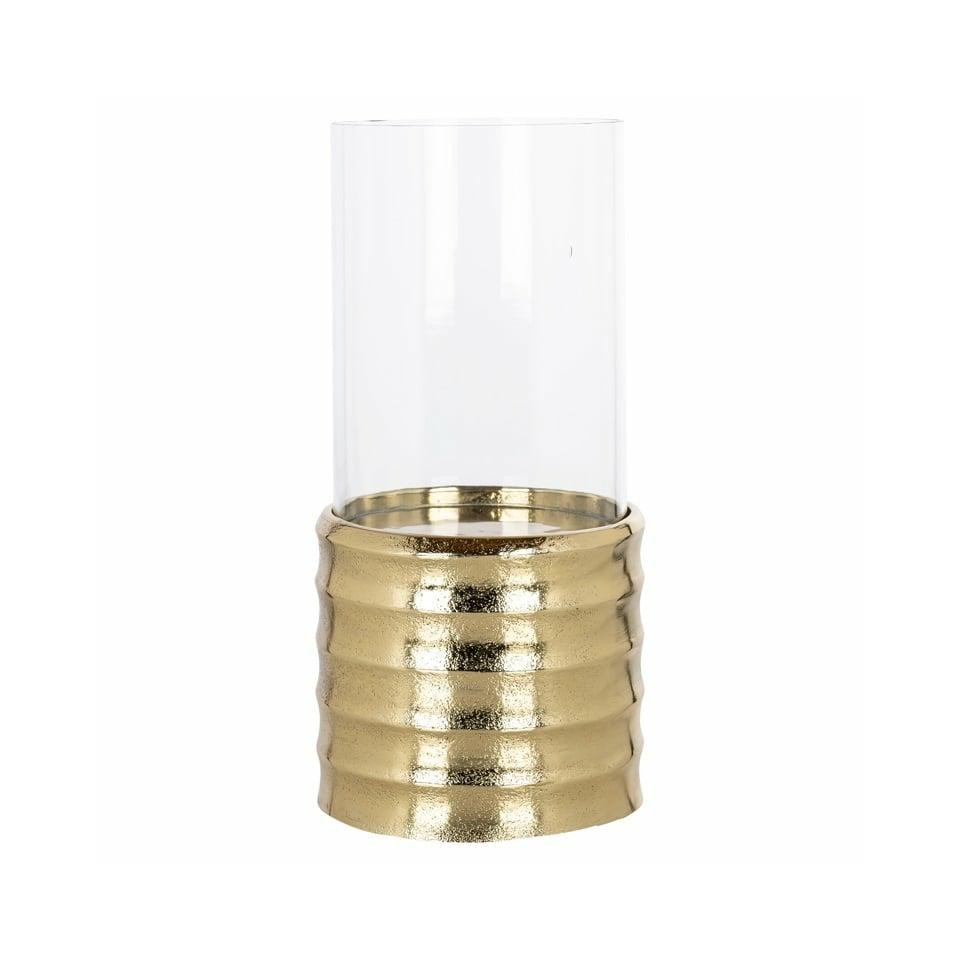ŚWIECZNIK Bodil na falistej, złotej podstawie z aluminium, szklany transparentny klosz, styl glamour S