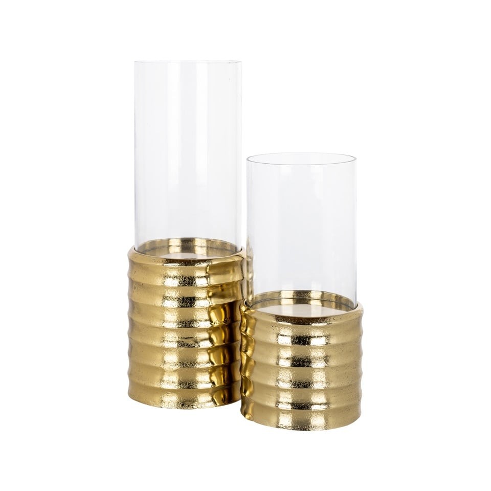 ŚWIECZNIK Bodil na falistej, złotej podstawie z aluminium, szklany transparentny klosz, styl glamour