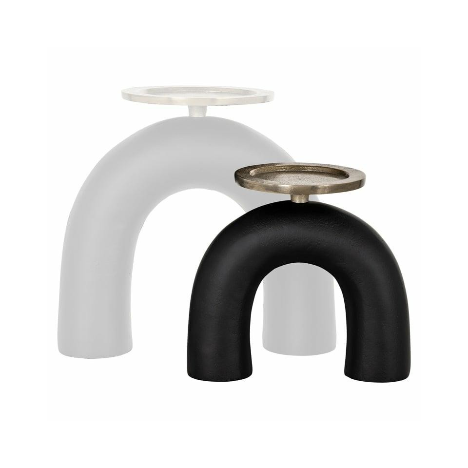 ŚWIECZNIK Livi aluminiowy, czarna podstawa w kształcie odwróconego U, złoty talerzy dla świecy, nowoczesny styl S, ekskluzywny