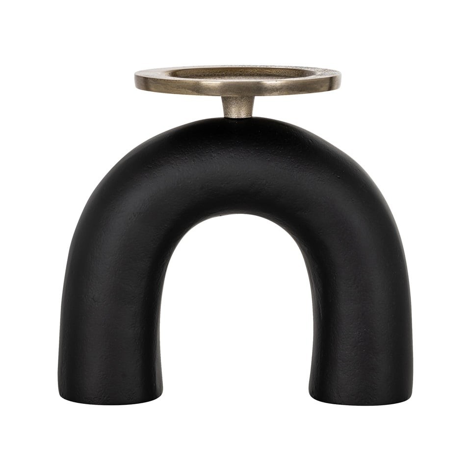 ŚWIECZNIK Livi aluminiowy, czarna podstawa w kształcie odwróconego U, złoty talerzy dla świecy, nowoczesny styl S, wyjątkowy