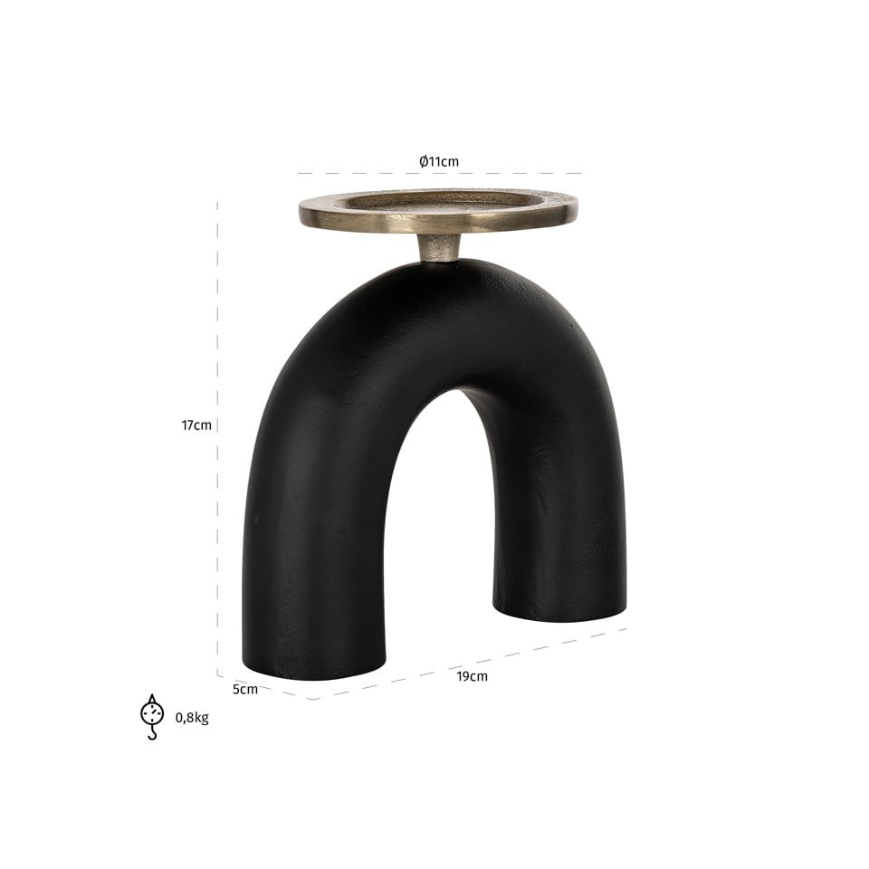 ŚWIECZNIK Livi aluminiowy, czarna podstawa w kształcie odwróconego U, złoty talerzy dla świecy, nowoczesny styl S, wymiary