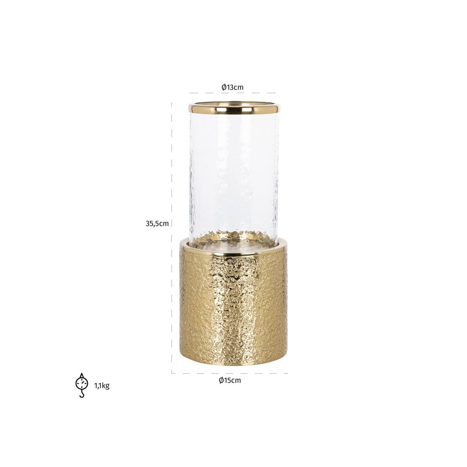 ŚWIECZNIK Marlou z metalową, szampańsko złotą podstawą, szklany klosz, styl glamour S, wymiary