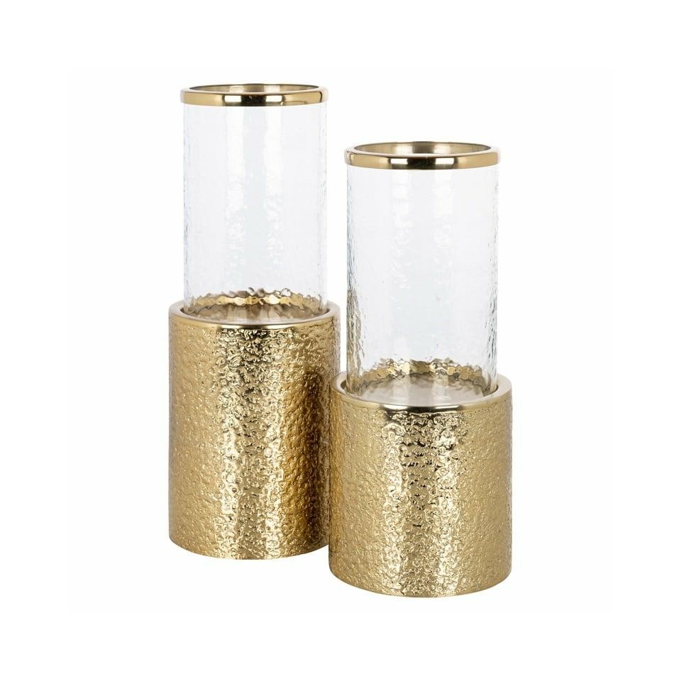 ŚWIECZNIK Marlou z metalową, szampańsko złotą podstawą, szklany klosz, styl glamour, elegancki