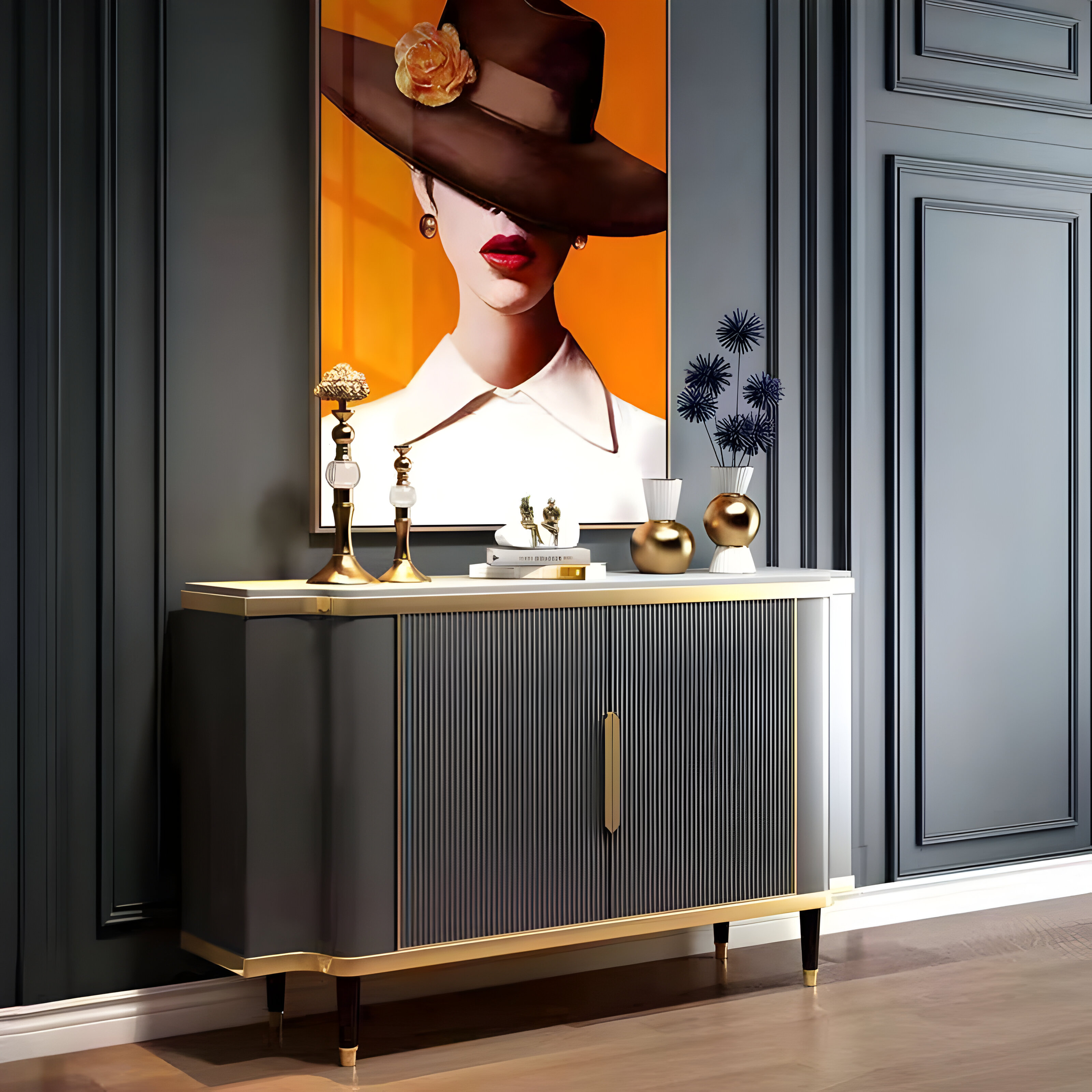 KOMODA w grafitowym kolorze z ryflowanym korpusem, złote metalowe dodatki, biały marmurowy blat, klasyczna