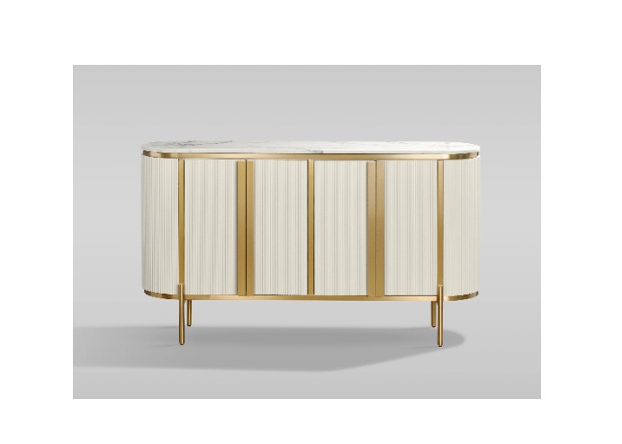 KOMODA w kolorze białym ecru z ryflowanym korpusem, złote detale, biały marmurowy blat, nowoczesny styl KOMODA w kolorze białym ecru z ryflowanym korpusem, złote detale, biały marmurowy blat, nowoczesny styl
