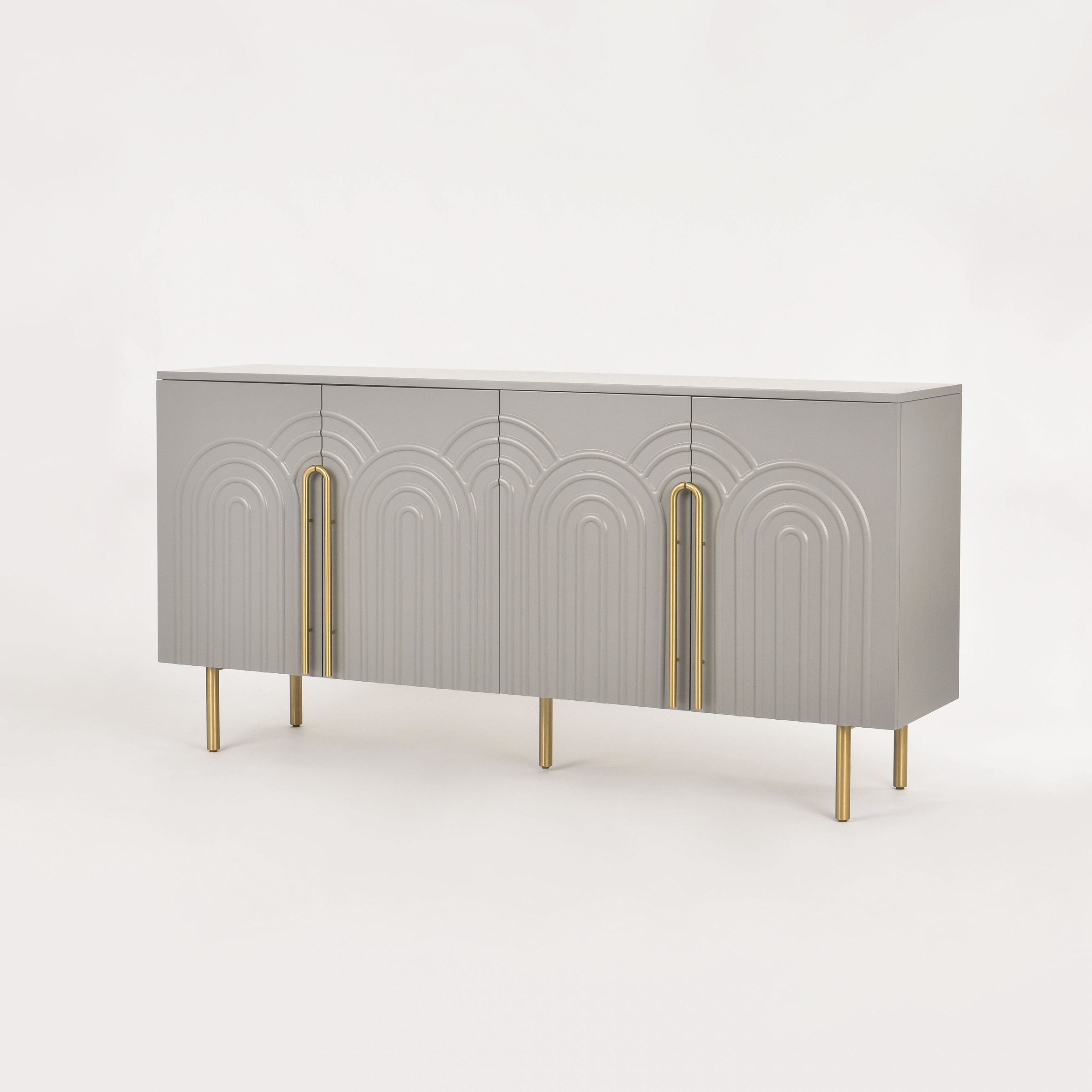 KONSOLA jasnoszara z złotymi dodatkami, fronty drzwi z wytłoczonym wzorem łuków, nowoczesny styl KONSOLA jasnoszara z złotymi dodatkami, fronty drzwi z wytłoczonym wzorem łuków, nowoczesny styl
