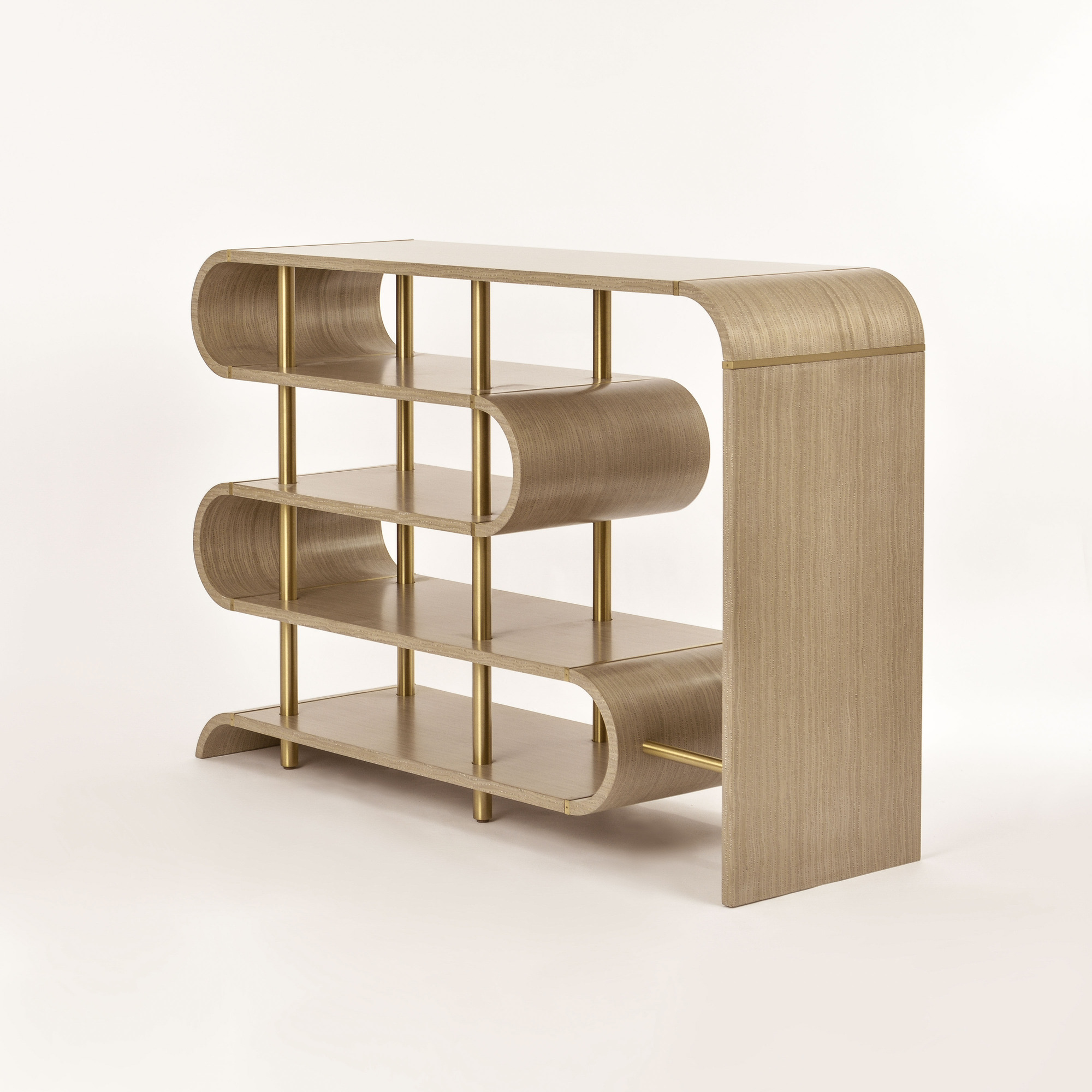 KONSOLA o designerskim, sinusoidalnym kształcie, szara ze złotymi nogami, nowoczesny styl, ekskluzywna