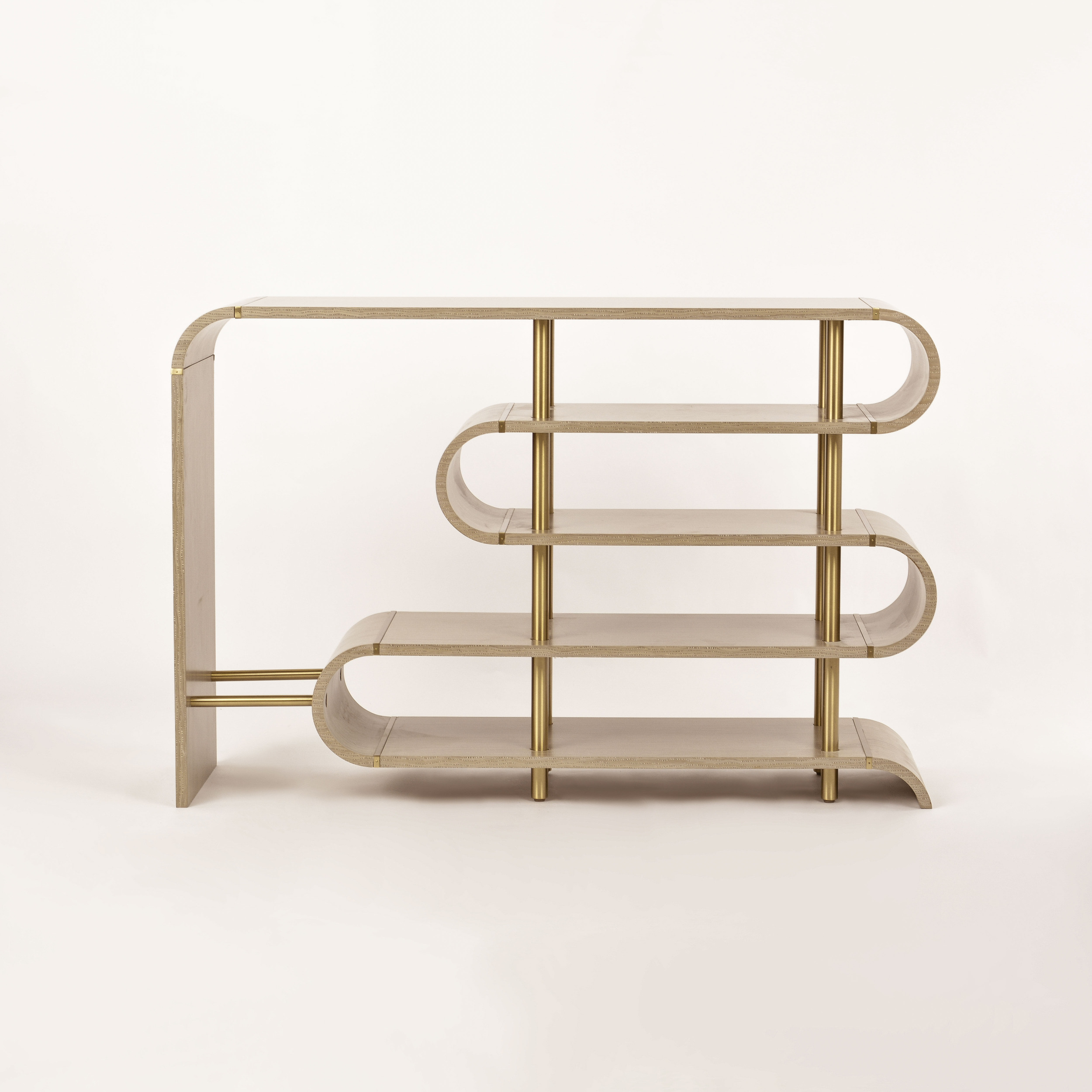 KONSOLA o designerskim, sinusoidalnym kształcie, szara ze złotymi nogami, nowoczesny styl, najwyższa jakość