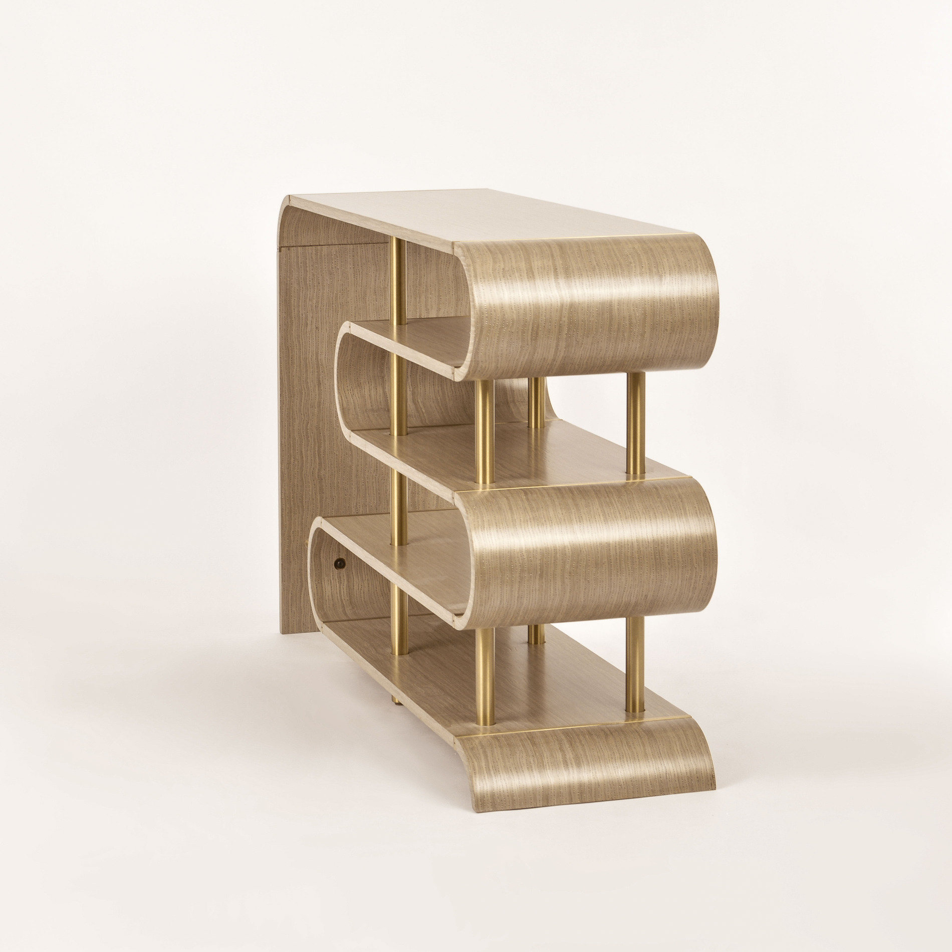 KONSOLA o designerskim, sinusoidalnym kształcie, szara ze złotymi nogami, nowoczesny styl, piękna