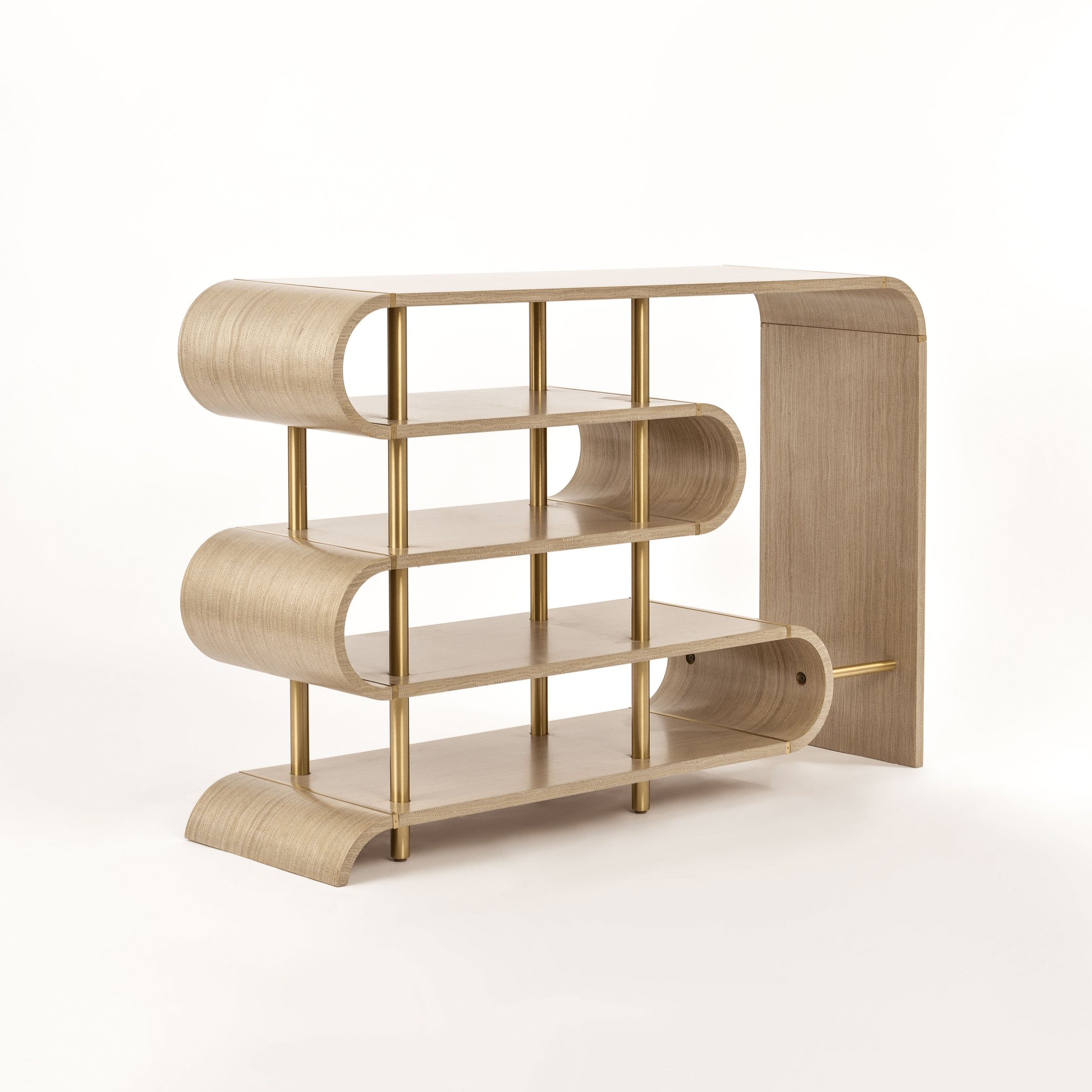 KONSOLA o designerskim, sinusoidalnym kształcie, szara ze złotymi nogami, nowoczesny styl, wyjątkowa