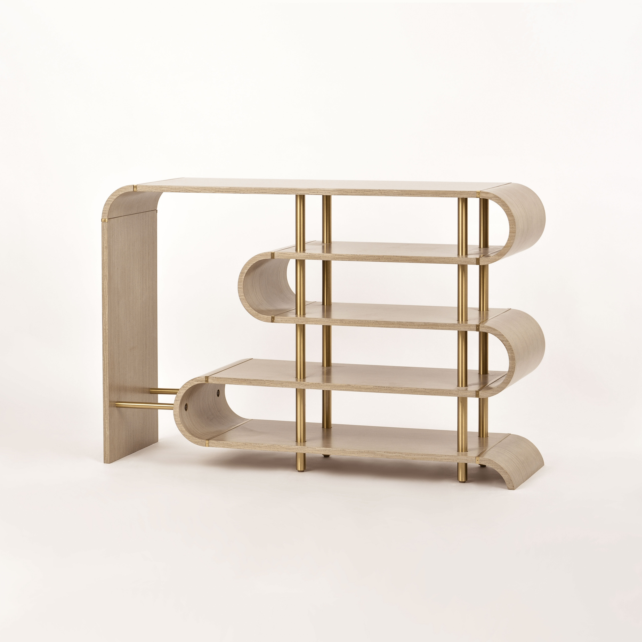 KONSOLA o designerskim, sinusoidalnym kształcie, szara ze złotymi nogami, nowoczesny styl