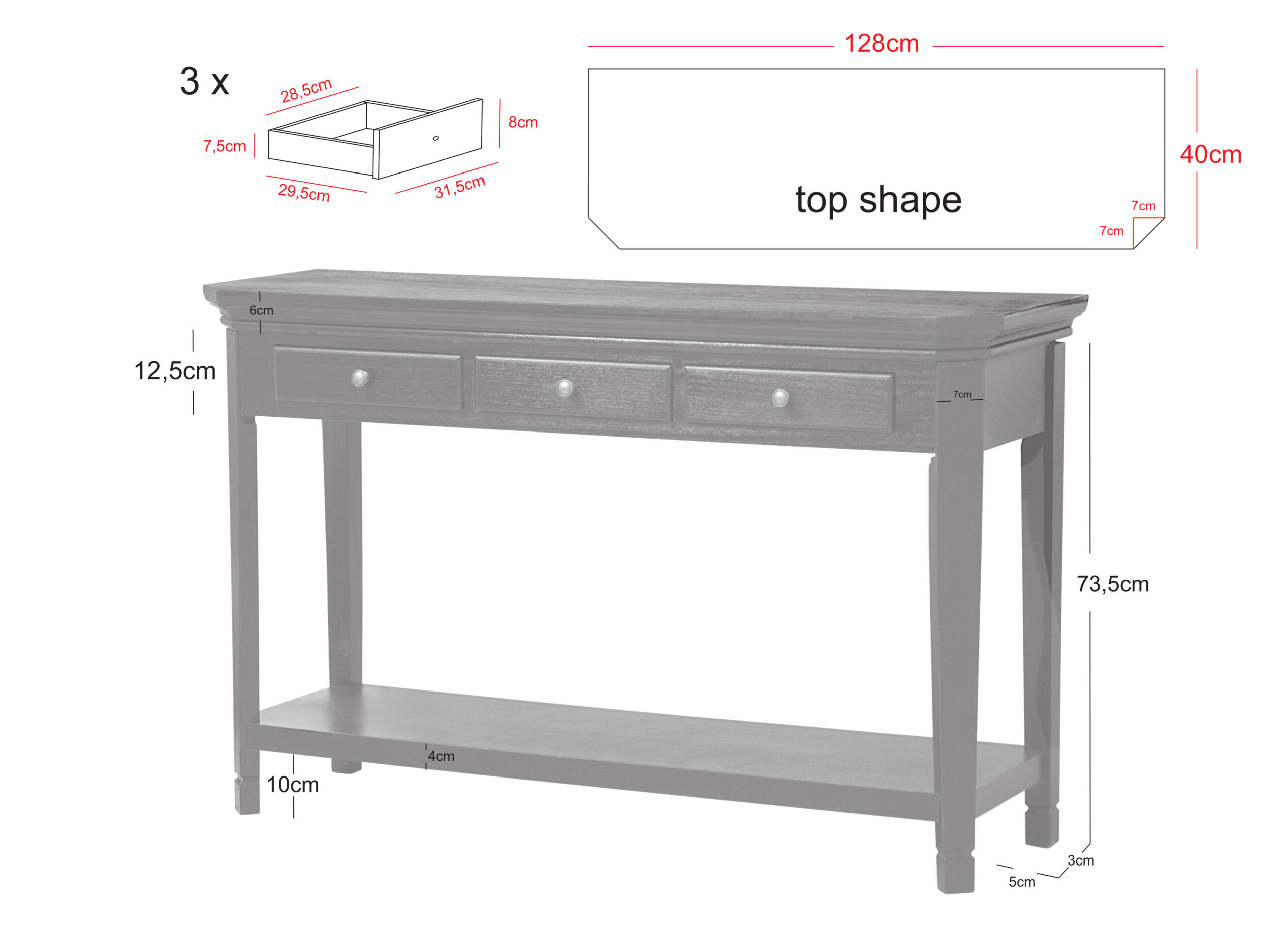 KONSOLA w klasycznym stylu, drewniana, czarna, półmatowe wykończenie z przetarciami, metalowe uchwyty w kolorze mosiądzu, wymiary