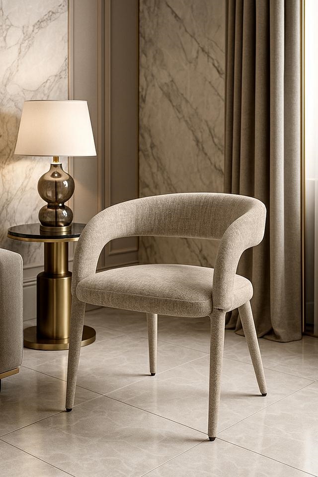 KRZESŁO Iris w beżowej, delikatnie strukturalnej tkaninie, miękkie linie, designerski styl, do jadalni KRZESŁO Iris w beżowej, delikatnie strukturalnej tkaninie, miękkie linie, designerski styl, do jadalni